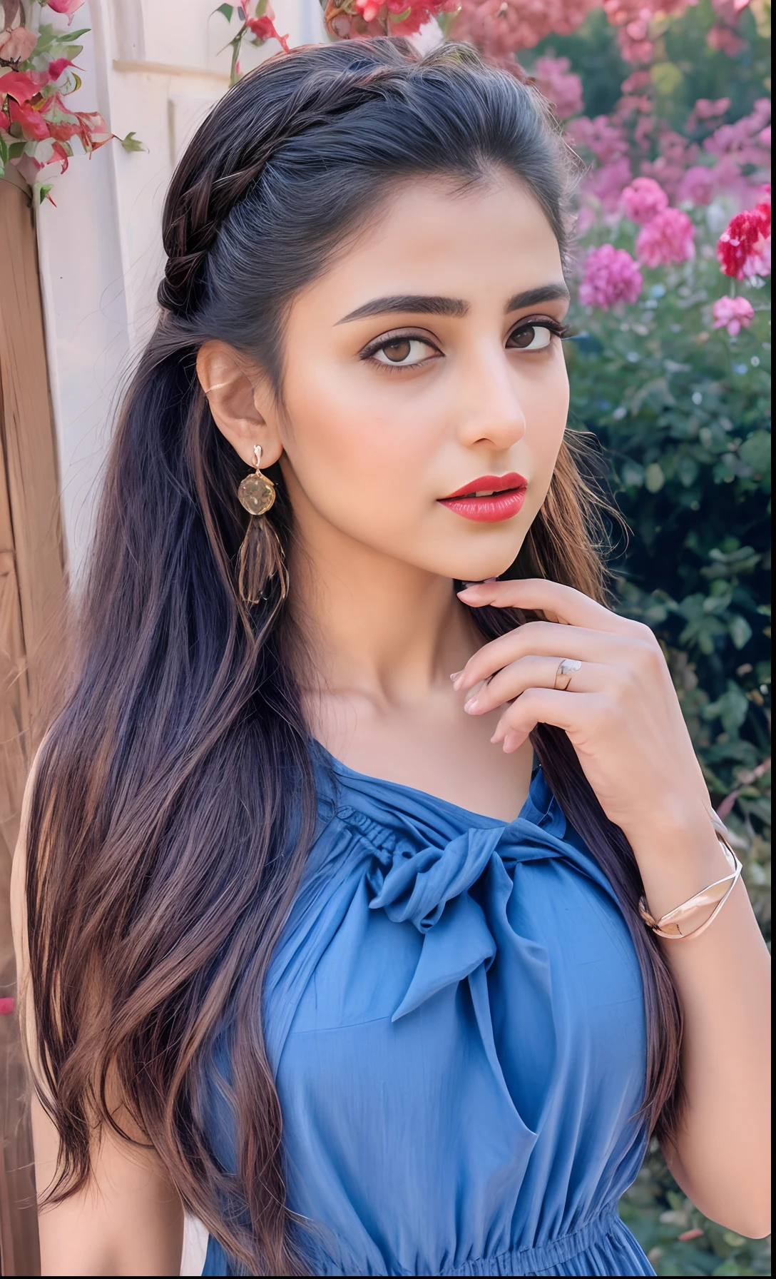 Indian female model rubina tandon, look at viewer, French braid hair , flower Halter Dress, cleavage,  garden landscape design, (rim light), dark red lips, big natural lips,