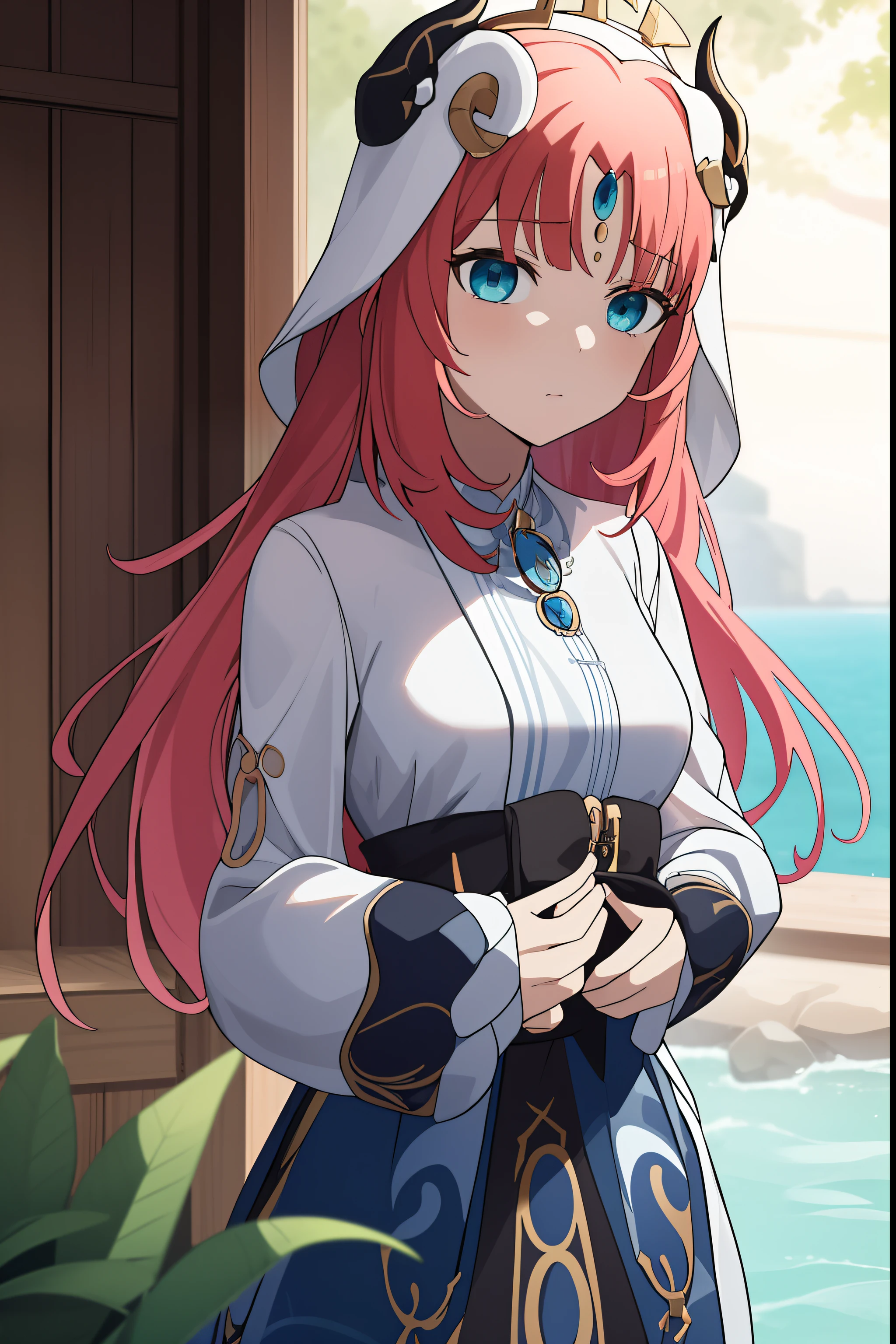nilou \(genshin impact\), , tristeza, 1girl, capa, culo, cuernos, rubor, flequillo, guanteletes de novia, jewely, mangas separadas, muslos, ombligo, labios entreabiertos, ropa reveladora, parada,aura de poder,enojada, solo, senos (obra maestra, mejor calidad, ultradetallada), (hermoso rostro detallado, hermosos ojos detallados), estilo mksks, hermoso fondo (hermosa isla, holographic interface, destello de lente, chromatic abberation: 1.2),