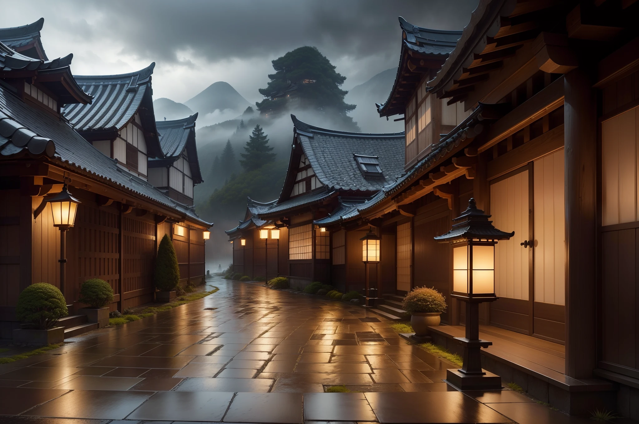 (best quality,4k,8k,highres,masterpiece:1.2),ultra-detailed,(realistic,photorealistic,photo-realistic:1.37),Japanese swordsman,lonely village,rainy day,overcast sky,samurai armor,traditional katana,ancient warrior,stoic expression,dripping raindrops,serene environment,ancient lanterns,meditative atmosphere,authentic Japanese architecture,curved rooftops,stone pathway,subtle mist,wet cobblestones,falling autumn leaves,windy conditions,subdued colors,muted tones,soft lighting,cinematic composition,hauntingly beautiful silhouette,dramatic shadows,ethereal ambience