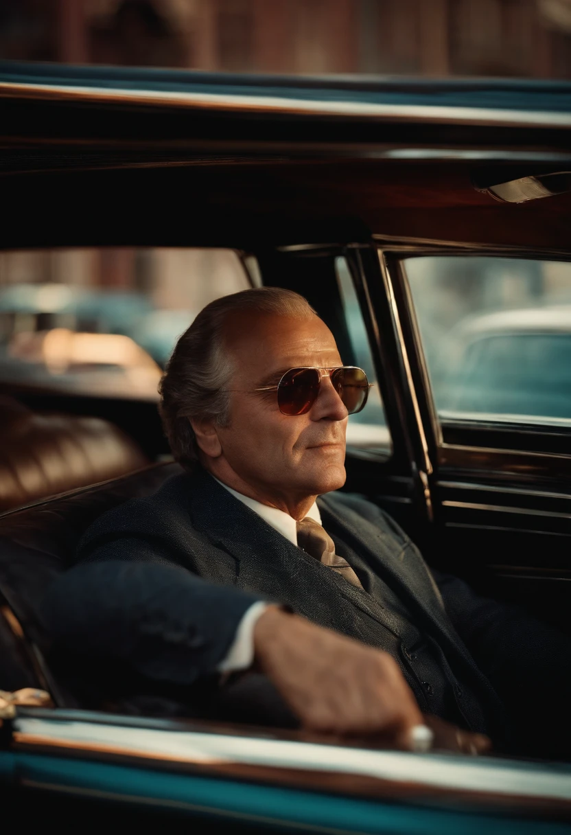 Mock portrait of a limousine driver in the 1970s, Extremely detailed face, Low light, Perfect lighting, Nostalgic, ISO100, Movie stills 800T, polarizing filter, Vivid and vibrant colors are bold, high-quality photo, still frame from a movie