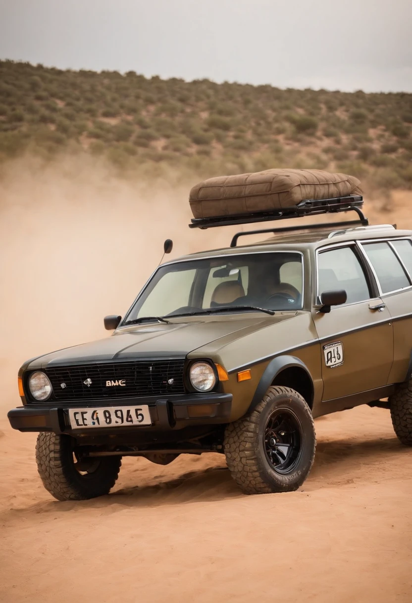 Um closeup de um AMC Eagle SX4, com rack de teto, estribos nas laterais, Competition Accessories (( pneus grossos e altos)) rodas preta de off-road, quebra mato frontal((( Estilo militar))), trending on vehicle design, dominance, corpo inteiro, corpo inteiro, 4l, gm, desporto, Detalhe poderoso, Album art, new vehicle, extremamente intrincado, vehicle, Directed by: Karl Völker, ao fundo deserto do nordeste do Brasil, um burro ao lado do carro