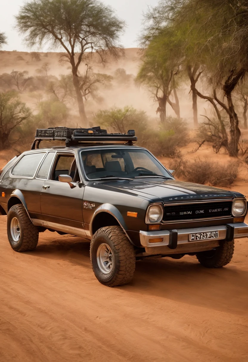 Um closeup de um AMC Eagle SX4, com rack de teto, estribos nas laterais, Competition Accessories (( pneus grossos e altos)) rodas preta de off-road, quebra mato frontal((( Estilo militar))), trending on vehicle design, dominance, corpo inteiro, corpo inteiro, 4l, gm, desporto, Detalhe poderoso, Album art, new vehicle, extremamente intrincado, vehicle, Directed by: Karl Völker, ao fundo deserto do nordeste do Brasil, um burro ao lado do carro