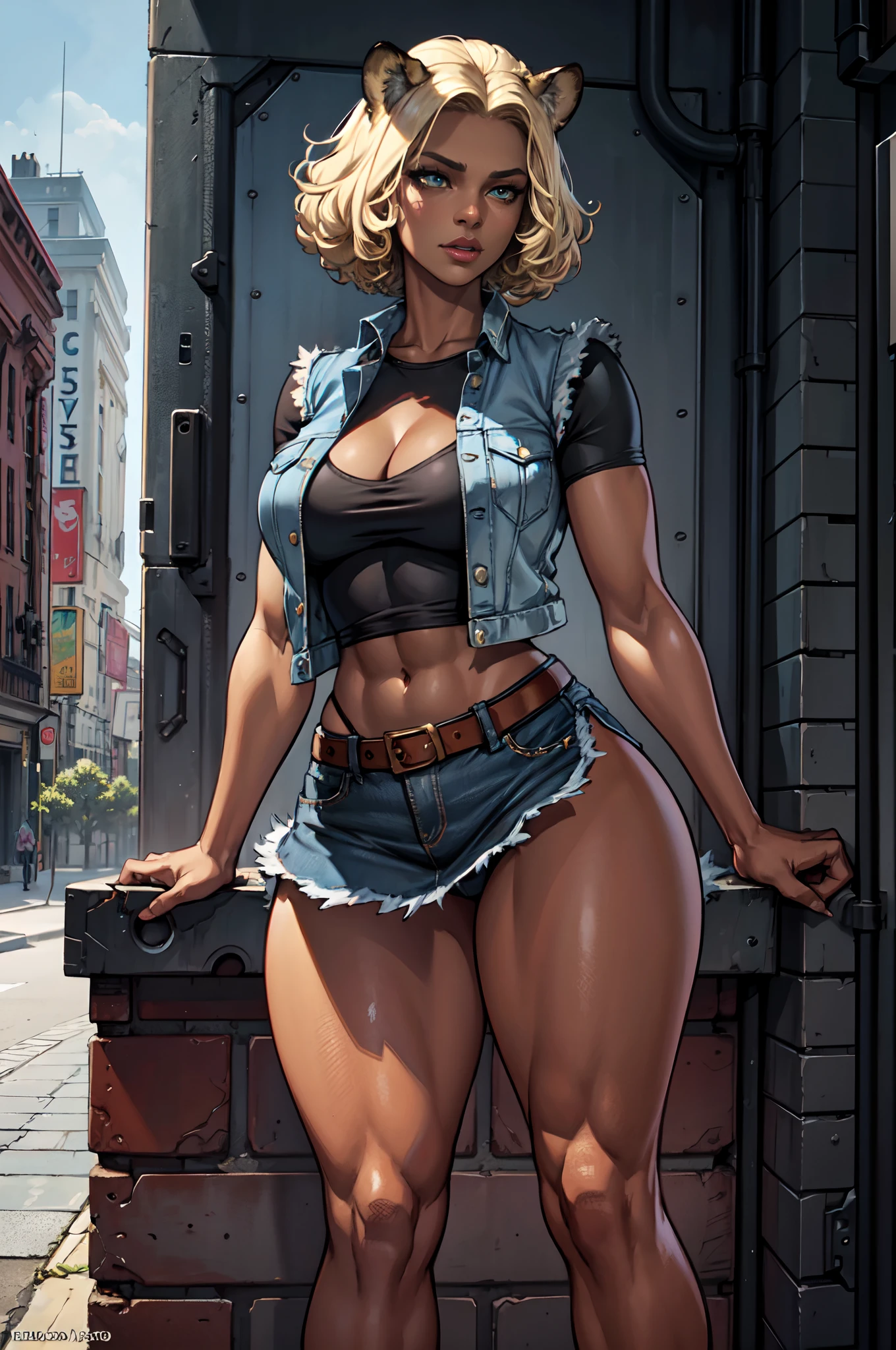 (1girl:1.1), ((perfect female figure)), Looking at Viewer, Mature leopard woman, (((leopard ears:1.2))), (((black woman, very_dark skin:1.1, dark chocolate skin:1.1))), arms((((leopard print skin1:1)))), (((leather on the legs with leopard print))), Detailed texture of skin, hairstyle ((((blonde Afro:1.1)))), eyes ((musk green, cat pupils, cat eyes, beautiful eyes, perfect eyes)), wearing ((blue denim vest, open vest, black shirt, denim skirt, blue skirt)), Standing, (Teasing), best quality: 1.1, seductive posture, sexy pose, seductive, (Beautiful), (Curvy), (thick), toned legs, fit, (Abs:1.1), ( big butt:1.4), peach ass, (athletic body:1.2), (big_breasts:1.1), wide_hips:1.5, slim body:1.2, (thick thighs:1.3), (glowing skin:1.2), ((Solo1:1))[ Unparalleled masterpiece, ultra realistic 8k CG, Perfect artwork, (HDR), (Street:1.2), Nikon D850 film stock photograph Kodak Portra 400 camera f1.6 lens, rich colors, realistic texture, dramatic lighting, Unreal engine, trending on ArtStation, Directed by: Gerald Brom, Directed by: Frank Frazetta, Directed by: Luis Royo, Directed by: Julie Bell, Directed by: Boris Vallejo] |human ears|