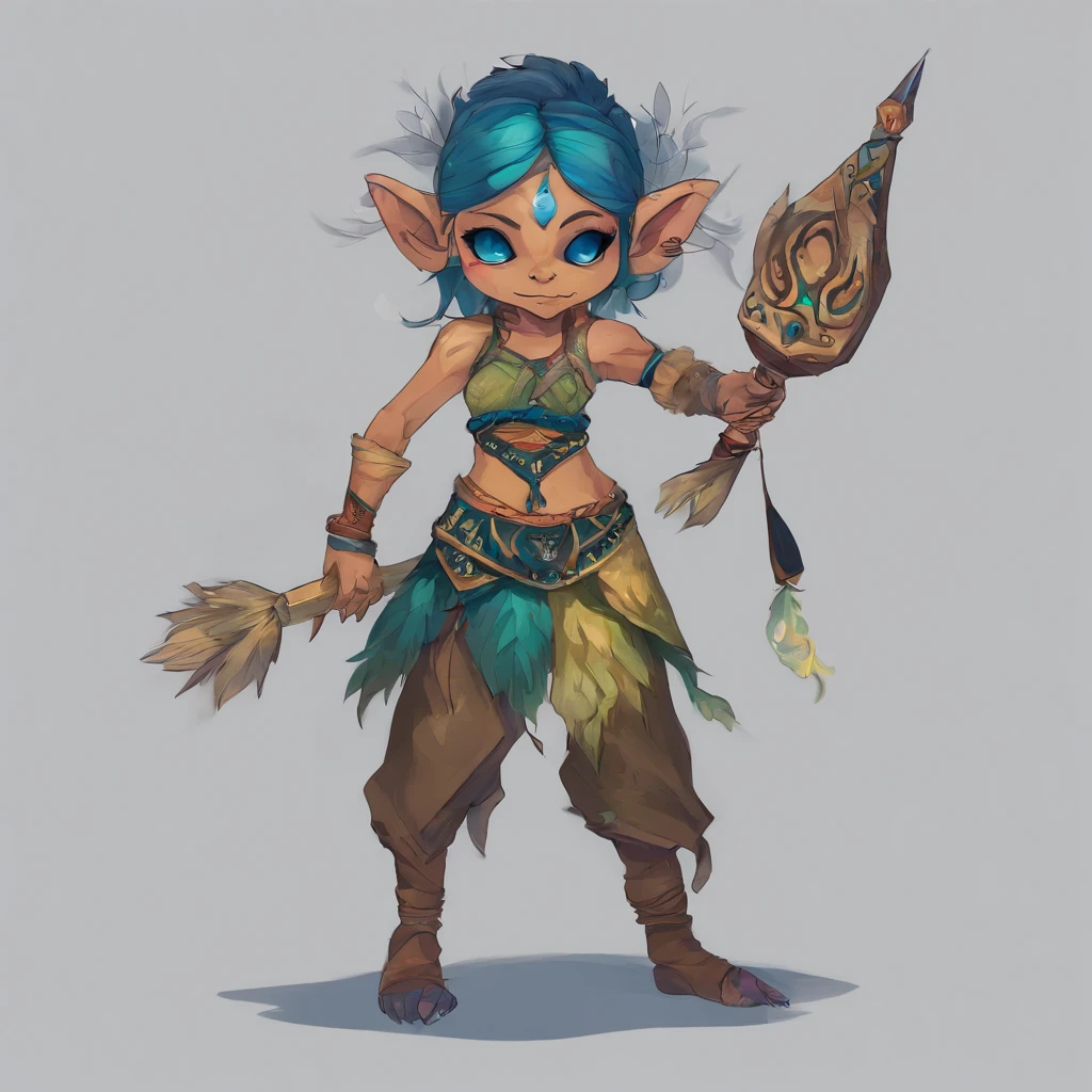 One small, female goblin with greenish yellow skin. Her eyes are gray blue, and she has straight, dark blue hair. She wears a hide style tribal outfit, befitting of a tribal alchemist. It consists of a tribal crop top and a tribal style long skirt with a split in the thigh. The goblin has teal blue tribal paint markings on her arms. She also a tail with dark blue tuff at the end that matches her hair. It has a small pouch attached to it.