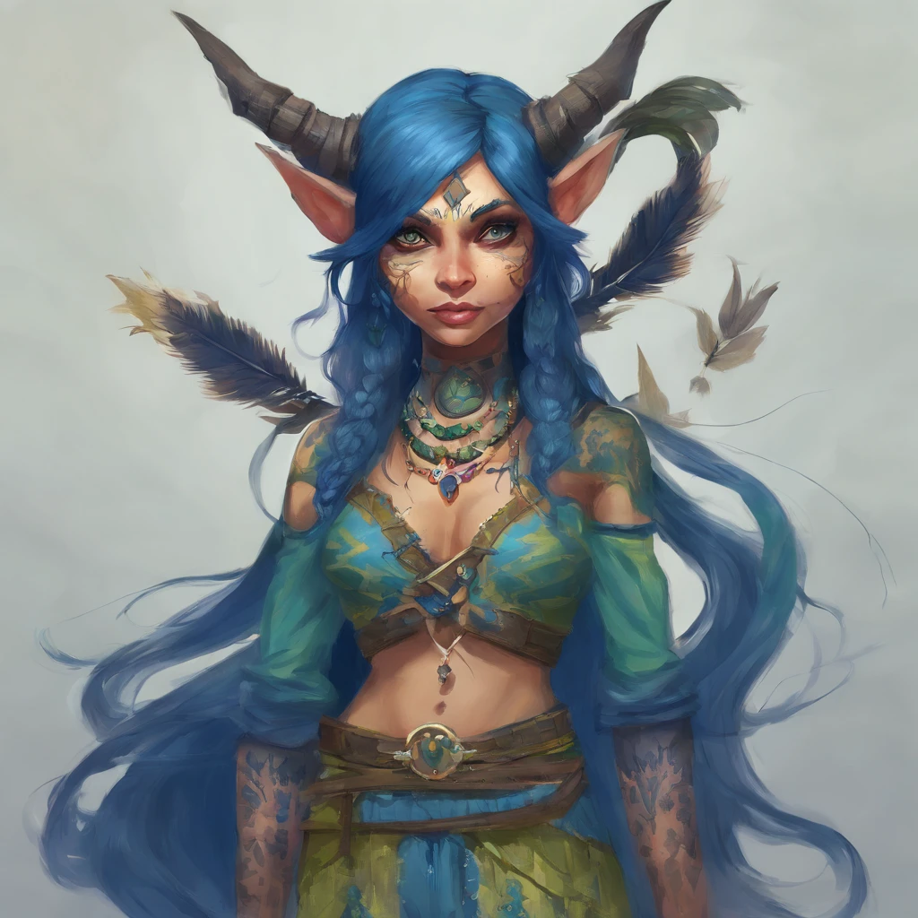 One small, female goblin with greenish yellow skin. Her eyes are gray blue, and she has straight, dark blue hair. She wears a hide style tribal outfit, befitting of a tribal alchemist. It consists of a tribal crop top and a tribal style long skirt with a split in the thigh. The goblin has teal blue tribal paint markings on her arms. She also a tail with dark blue tuff at the end that matches her hair. It has a small pouch attached to it.