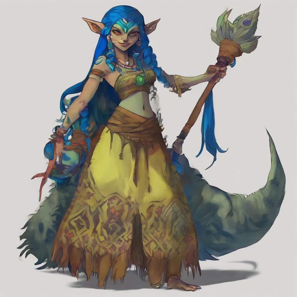 One small female greenish yellow goblin. Outwardly pointed ears Blue gray eyes. Long straight dark blue hair. Dark tribal hide outfit. Crop top. Thigh split long skirt. Teal blue tribal body paint. Long greenish yellow goblin tail with dark blue tuff at the end. Alchemist. Cute. Spooky.