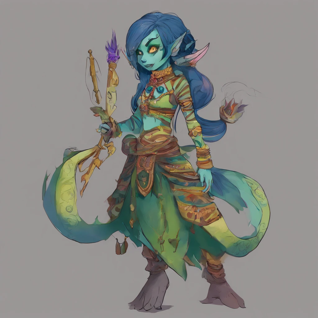 One small, female goblin with greenish yellow skin. Her eyes are gray blue, and she has straight, dark blue hair. She wears a hide style tribal outfit, befitting of a tribal alchemist. It consists of a tribal crop top and a tribal style long skirt with a split in the thigh. The goblin has teal blue tribal paint markings on her arms. She also a tail with dark blue tuff at the end that matches her hair. It has a small pouch attached to it.