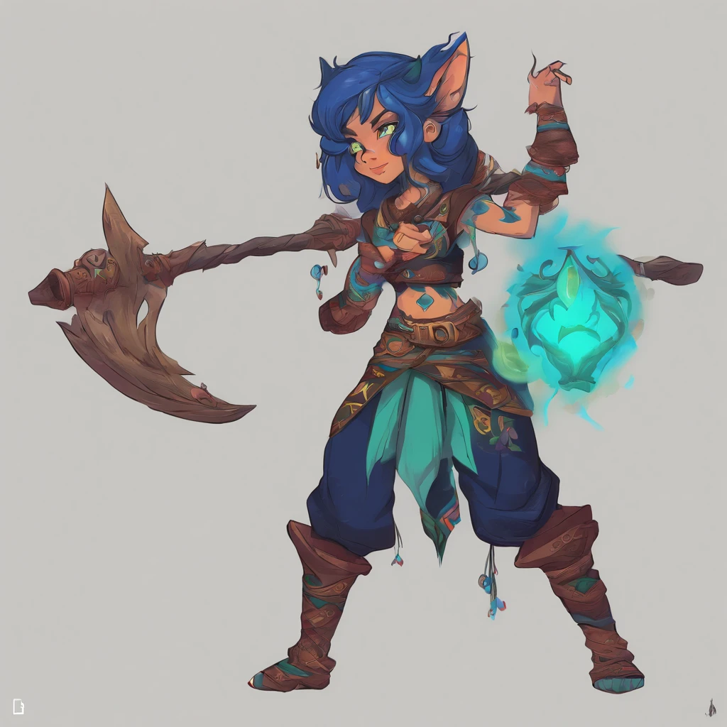 One small, female goblin with greenish yellow skin. Her eyes are gray blue, and she has straight, dark blue hair. She wears a hide style tribal outfit, befitting of a tribal alchemist. It consists of a tribal crop top and a tribal style long skirt with a split in the thigh. The goblin has teal blue tribal paint markings on her arms. She also a tail with dark blue tuff at the end that matches her hair. It has a small pouch attached to it.