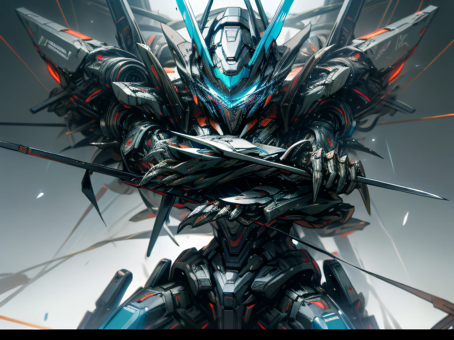 cyber punk perssonage,Cold,Dark blue eyes,mechs,droid,Hold sharp double knives in both hands,ember,muscline,metalictexture,Wires are exposed