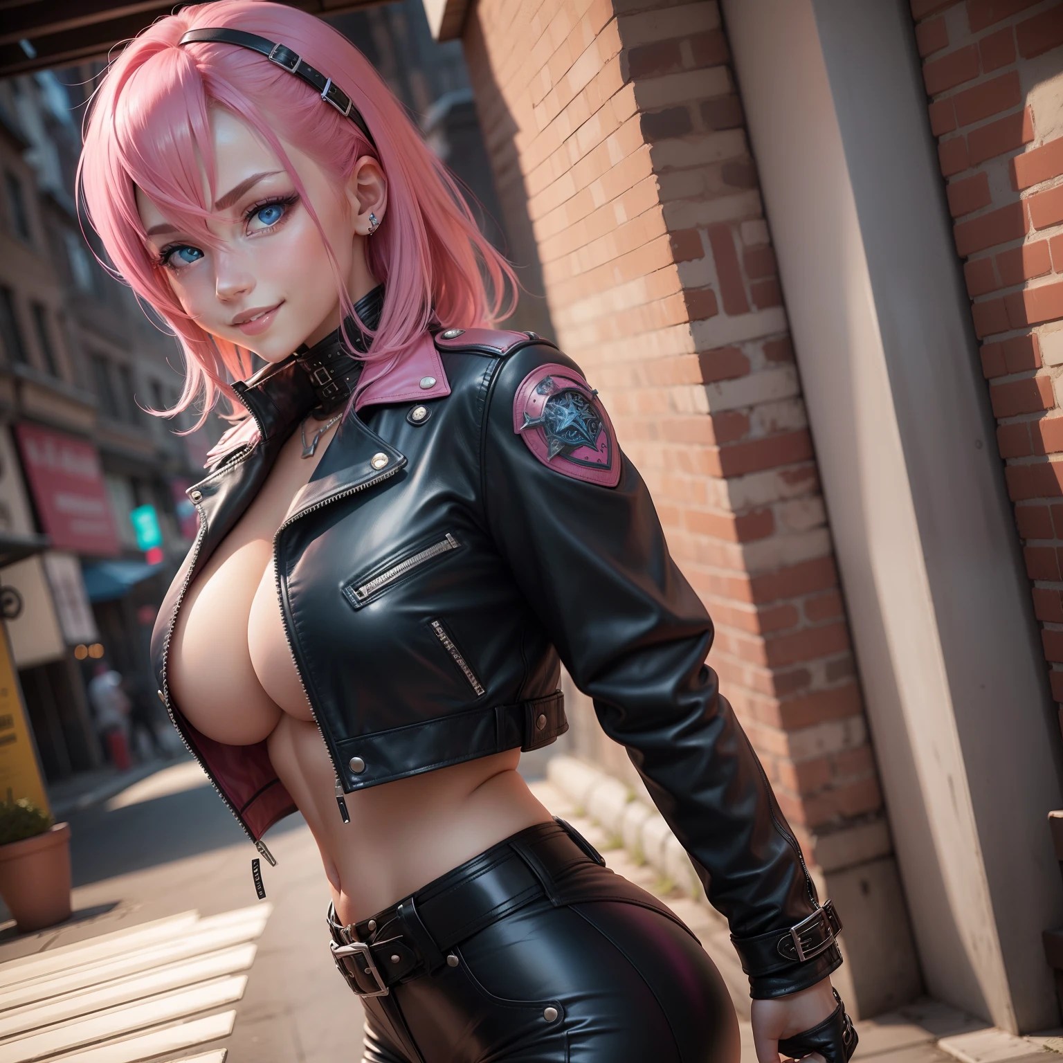 Girl with pink hair, leather jackets、A smile、top-quality、beautiful a girl、blue eyess、Colossal tits、hyperdetailed face、super-detaild skin、leather pant masterpiece Beautie