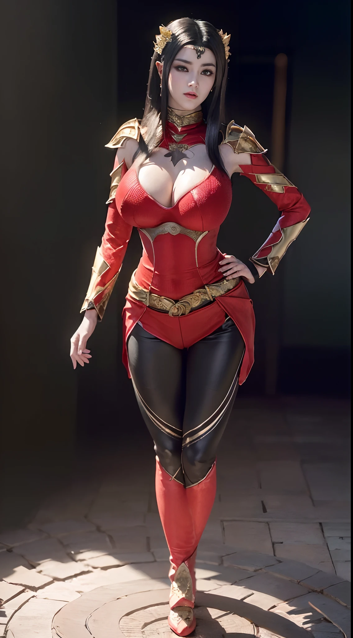 Solo, 1 Beautiful Female, Wuxia World, head ornament, (1 Girl), (full figure:1.5), (Full red golden Armor:1.4), (skintight leggings:1.5), (standing:1.3), (huge fake breasts, round breasts:1.5), (muscle abs:1.2), (black hair:1.5), (big buttock:1.1), (shiny skin:1.1), Chinese Immortal Wuxia, Lips, (jealous), Intellectual, Delicate Face, Masterpiece, Best Quality, High Quality, High Definition, High Quality Texture, High Quality Shadows, High Detail, Cinematic Light, Side Lighting, Ray Tracing, Sharp Focus, Realistic, Edge Light, (Detailed Skin Details: 1.2), 8k uhd, SLR, (soft light, high quality, high resolution:1.7), (very detailed CG unity 8k wallpaper)