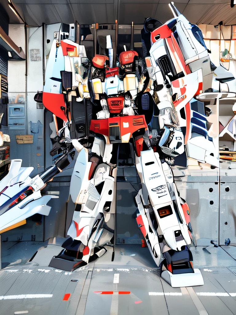 A giant red and white robot，It has a gray F16 fighter jet embedded in one leg，The other leg is inlaid with a red F15 fighter，It has a red F4 fighter jet embedded in one arm，The other arm is embedded with a Harrier fighter，Two jet engines were carried on his back，Ray tracing，Realisticstyle，Photo level