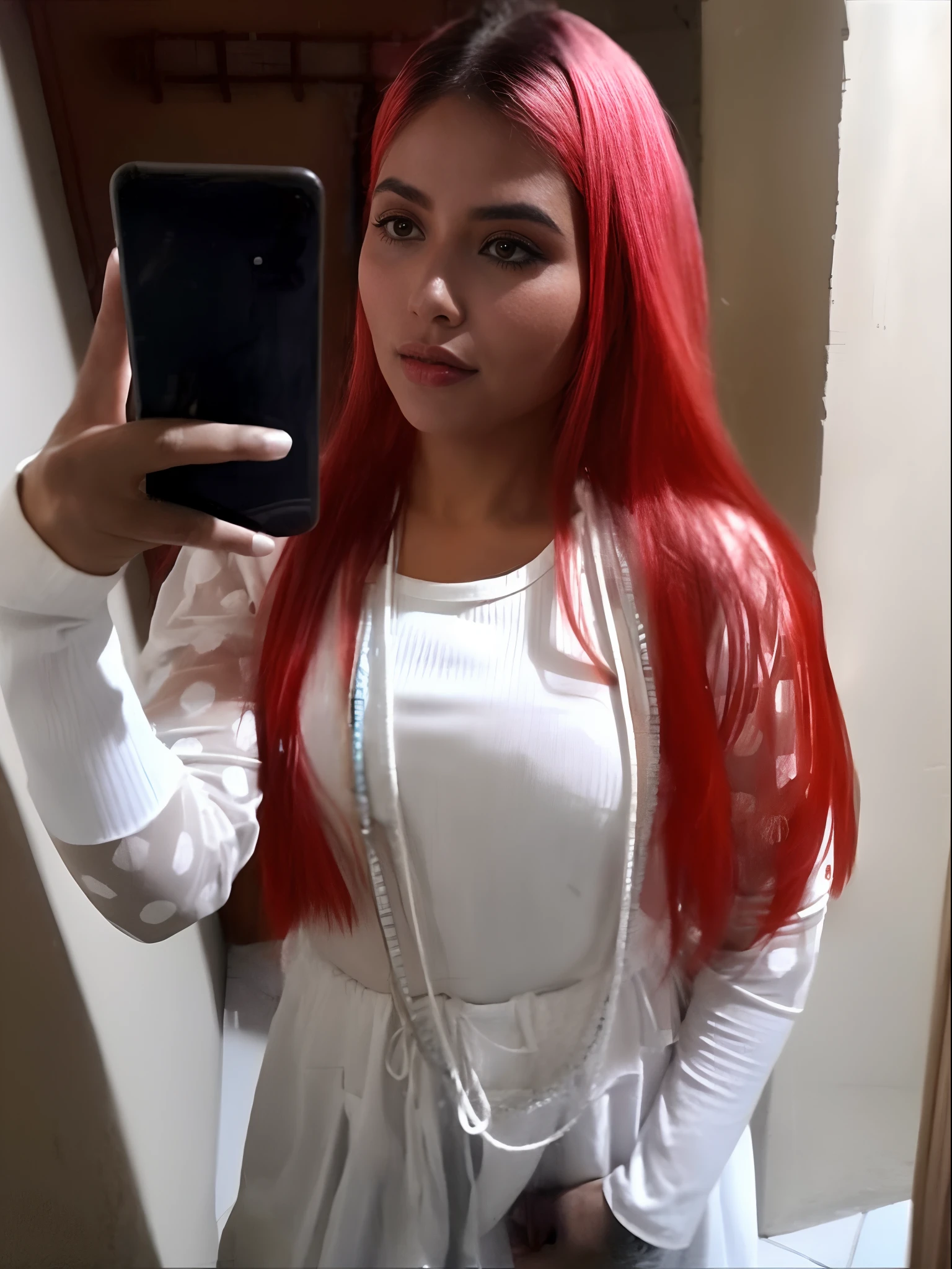 Araffe com cabelo ruivo tirando uma selfie em um espelho, peruca vermelha, com cabelos ruivos, com longos cabelos ruivos, longos cabelos vermelhos lisos, cabelos longos vermelhos, cabelos ruivos brilhantes, cabelos longos ruivos cabelos brancos estriados, cabelos tingidos de vermelho, Cor vermelha, ela tem cabelos longos e redorange, longos cabelos ruivos, ela tem cabelos ruivos, red hair, cabelos ruivos vibrantes
