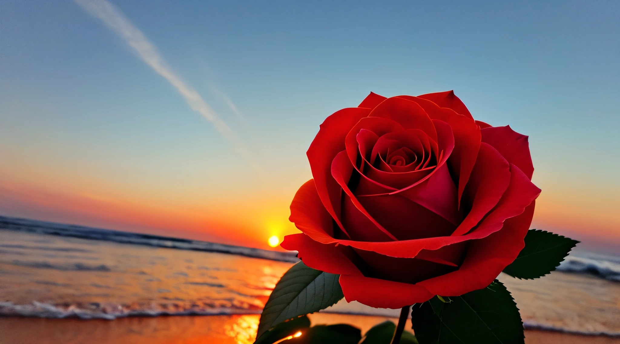 Close-up shot, a rose flower, the background is the gorgeous sunset by the sea, real texture, warm