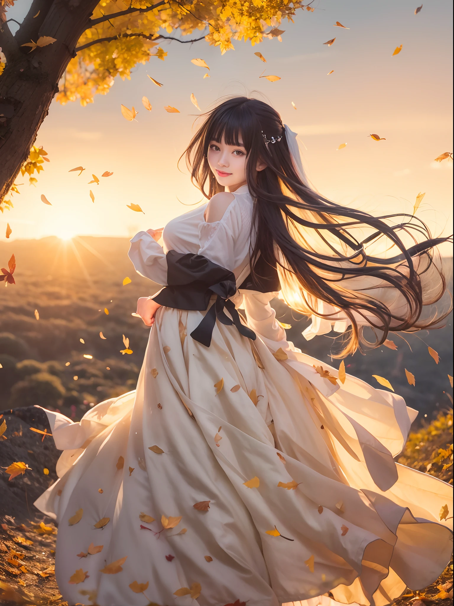 Hill of autumn leaves,Pretty girl,Evening glow,Long skirt with yellow and brown ruffles、a smile、Black Long Hair、Black eyes、White blouse,Skirt is wind、Watching the sunset,face lights、full body Esbian