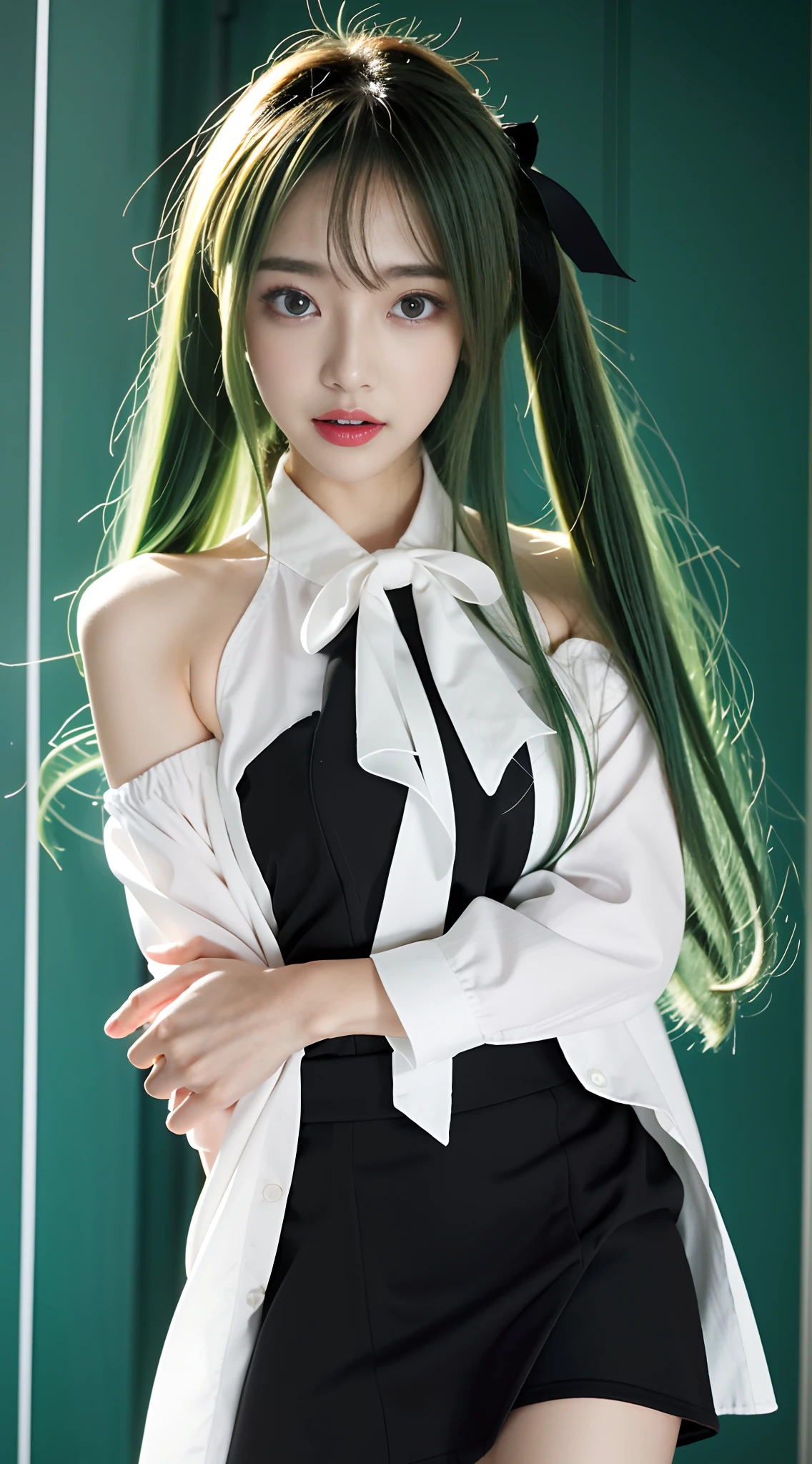 Big breasts Hatsune Miku,Electronic singer,Green hair,bare shoulders,a black skirt,black sleeve,Separate the sleeves,(White color blouse),8K,A high resolution,Green eyes,Grand concert background,Only beautiful thighs are exposed,The clothes are white,The number on the upper arm is 01,Shining Background,There are ties to wear,Pose in a way that a girl would,High quality hair,The eyes of the anime heroine,Open your little mouth