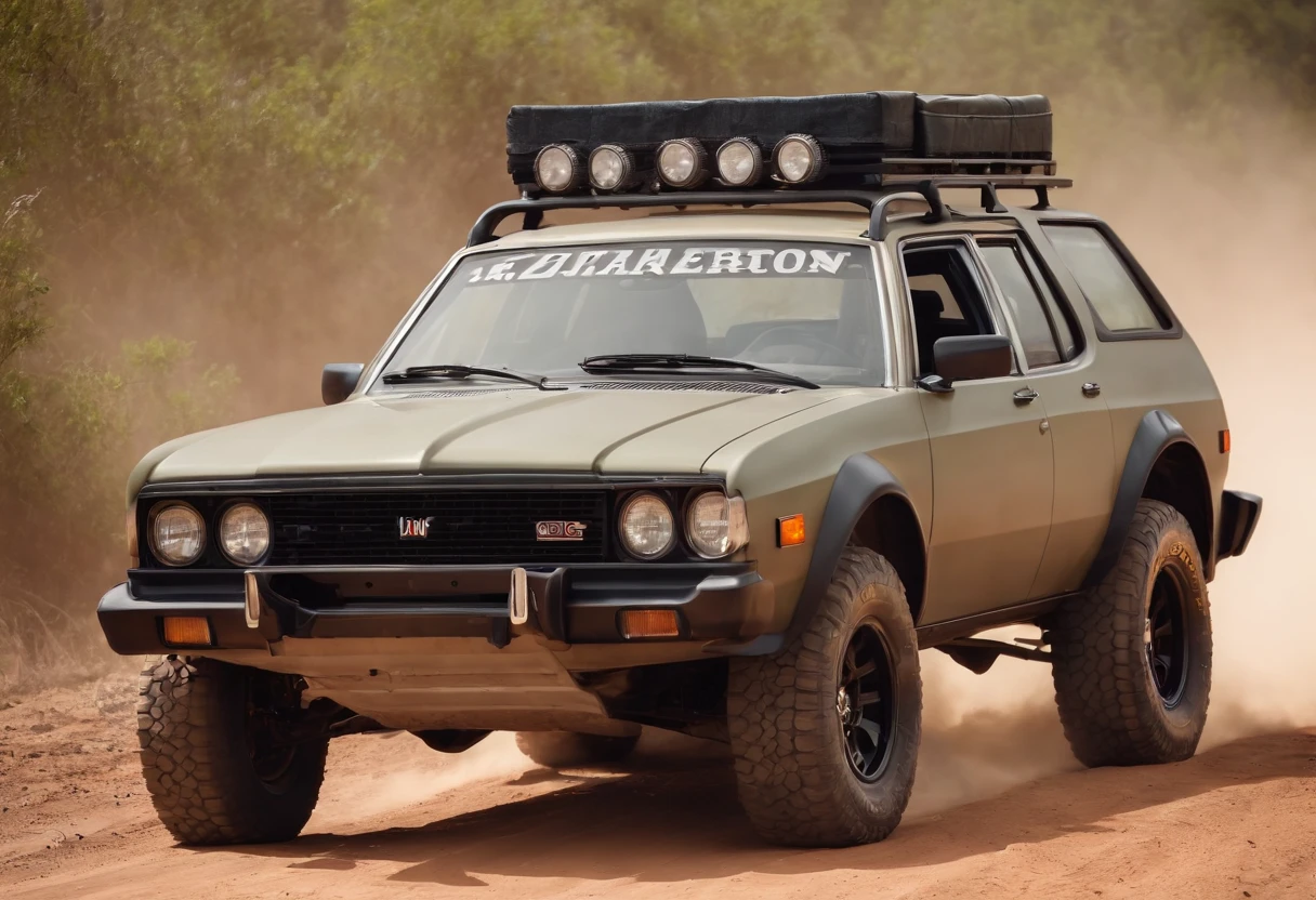 Um closeup de um AMC Eagle SX4, com rack de teto, estribos nas laterais, Competition Accessories (( pneus grossos e altos)) rodas preta de off-road, quebra mato frontal((( Estilo militar))), trending on vehicle design, dominance, corpo inteiro, corpo inteiro, 4l, gm, desporto, Detalhe poderoso, Album art, new vehicle, extremamente intrincado, vehicle, Directed by: Karl Völker, ao fundo deserto do nordeste do Brasil, um burro ao lado do carro