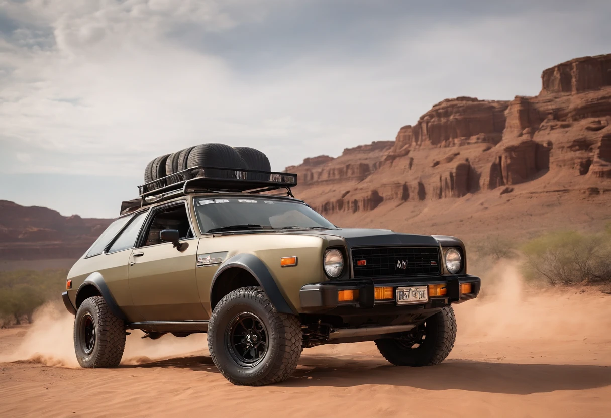 Um closeup de um AMC Eagle SX4, com rack de teto, estribos nas laterais, Competition Accessories (( pneus grossos e altos)) rodas preta de off-road, quebra mato frontal((( Estilo militar))), trending on vehicle design, dominance, corpo inteiro, corpo inteiro, 4l, gm, desporto, Detalhe poderoso, Album art, new vehicle, extremamente intrincado, vehicle, Directed by: Karl Völker, ao fundo deserto do nordeste do Brasil, um burro ao lado do carro