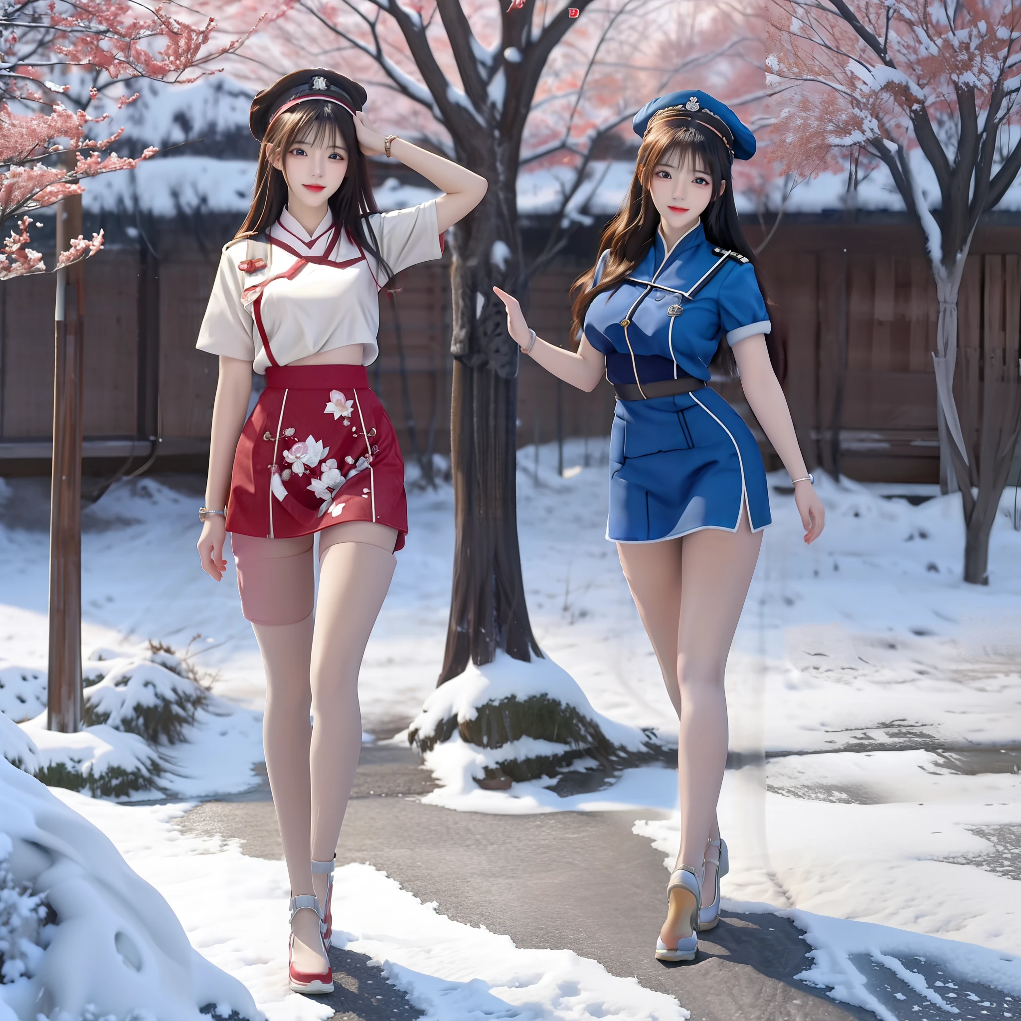 Two uniformed women walking on a snowy road, trending on cgstation, trending at cgstation, nixeu and sakimichan, Realistic anime 3 D style, Beautiful digital artwork, two beautiful anime girls, anime styled 3d, 3 D rendering character art 8 K, Deviantart ArtStation CGSCOSIETY, 3 d anime realistic