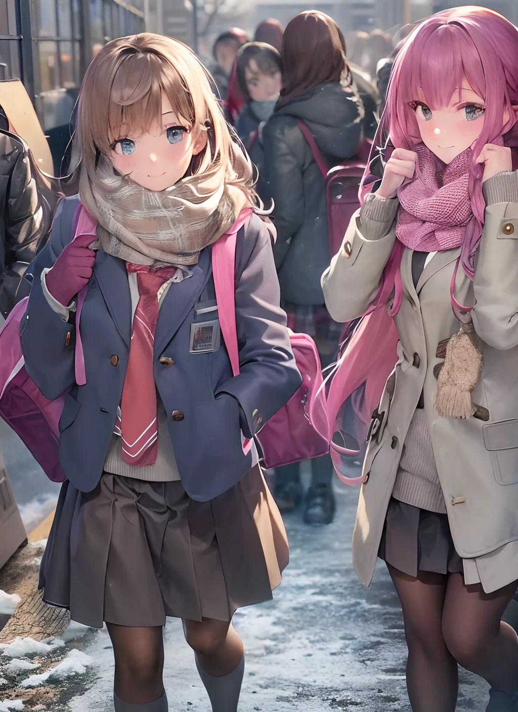 walking home, wintertime, school uniforms, after school, golden hour, realistic artwork, detailed,  characters, schoolgirls, cold weather fashion, schoolbag, warm coat, winter accessory, scarf, hat, gloves, boots, street scene, neighborhood, sunset light, walking together, group of friends, high school students, school uniform in winter, schoolgirls in school uniform, walking in the cold, heading home from school, winter fashion, schoolbags in winter, warm coats for schoolgirls, winter accessories for schoolgirls, scarves for schoolgirls, hats for schoolgirls, gloves for schoolgirls, boots for schoolgirls, schoolgirls walking home, schoolgirls walking in winter, high school girls walking, schoolgirls walking in school uniform, schoolgirls walking in the cold, high school girls walking home, schoolgirls walking home in winter, schoolgirls walking home from school, schoolgirls walking home in school uniform, schoolgirls walking home in the cold, schoolgirls walking in a group, schoolgirls walking together in winter, high school girls walking together, schoolgirls walking together in school uniform, schoolgirls walking together in the cold, schoolgirls walking home in a group, schoolgirls walking home together in winter, high school girls walking home together, schoolgirls walking home together in school uniform, schoolgirls walking home together in the cold, schoolgirls walking home in a group