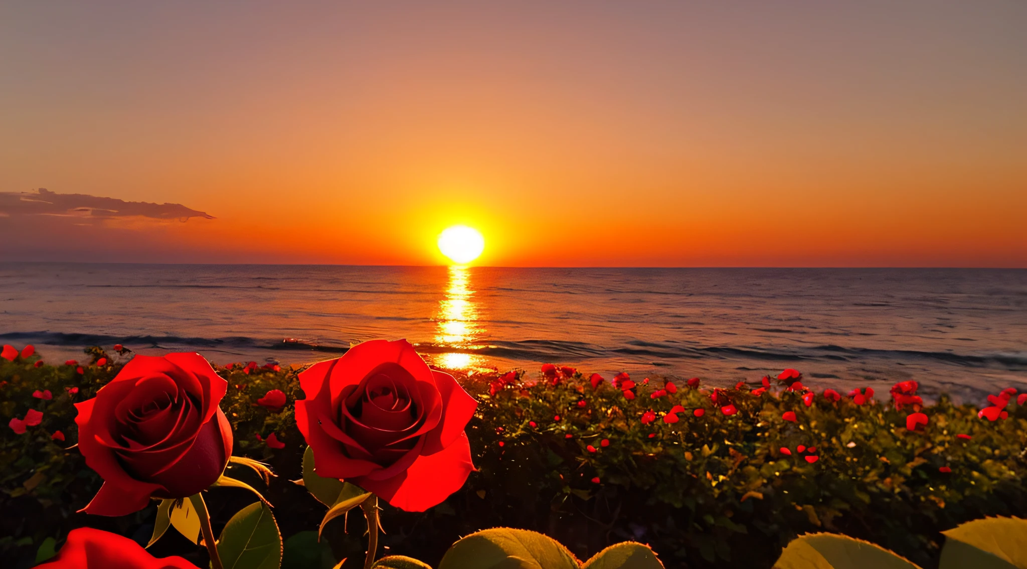 Close-up shot, a rose flower, the background is the gorgeous sunset by the sea, real texture, warm