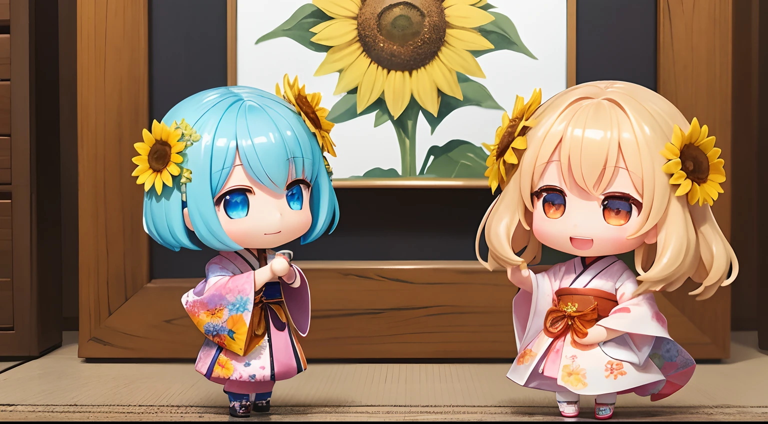 photoRealstic、Doll standing in front of the painting(nendroid)、A smile、Water droplets on the cheeks、Put your hand to your mouth and laugh、Sengai、pixiv、rokoko、dollfie dream、watercolor Nendoroid、(High Definition Figure)、Flowing iridescent silk、up of face、Eye Up、Komono、Kimono、There are also flowers in front of the nendroids、Sunflower petals、season!!: 夏☀ 🍂ヒマワリ