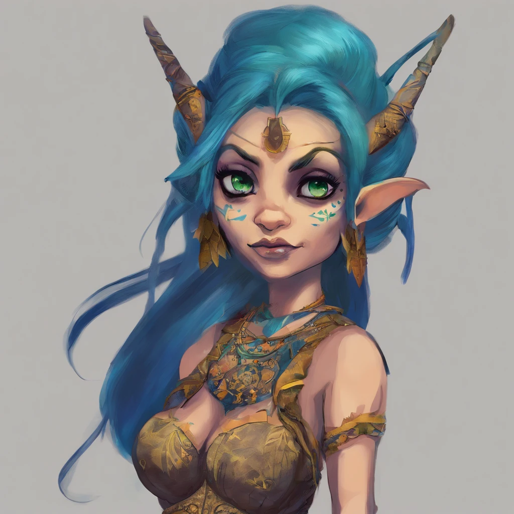 One small, female goblin with greenish yellow skin. Her eyes are gray blue, and she has straight, dark blue hair. She wears a hide style tribal outfit, befitting of a tribal alchemist. It consists of a tribal crop top and a tribal style long skirt with a split in the thigh. The goblin has teal blue tribal paint markings on her arms. She also a tail with dark blue tuff at the end that matches her hair. It has a small pouch attached to it.