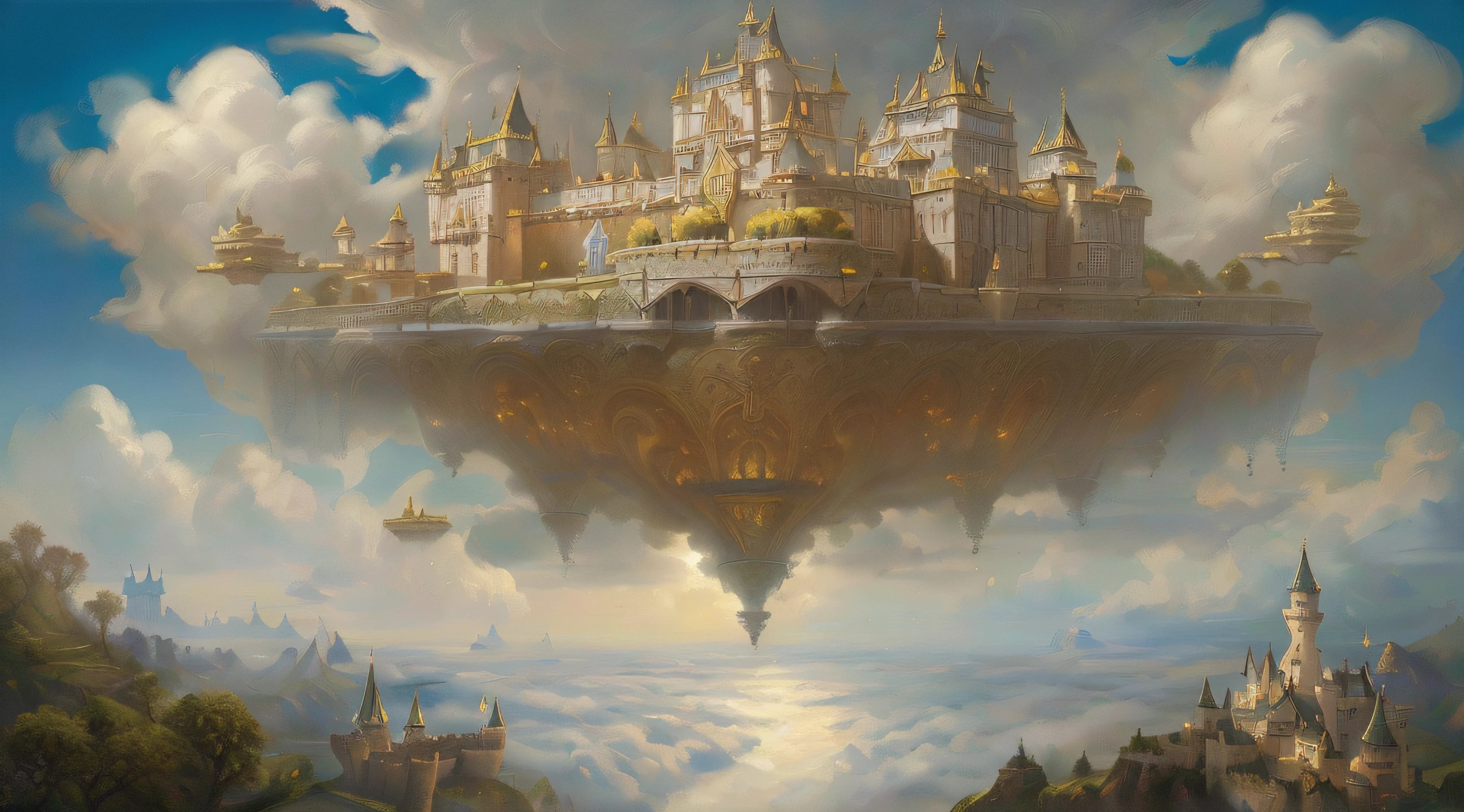 _(obra-prima, Painting of a castle floating in the sky:1.3), um imenso castelo flutuante com uma montanha ao fundo, (inspirado por artistas como Brian Despain e Vladimir Kush:1.1), Creating a floating city in the clouds that evokes epic fantasy, (fictional camera capturing the grandeur of the scene:1.2), (acompanhada de uma "lente de fantasia" which enhances the symmetrical beauty of the palace of the clouds:1.2), (capturing the wonder and splendor of a world where castles float in the sky).