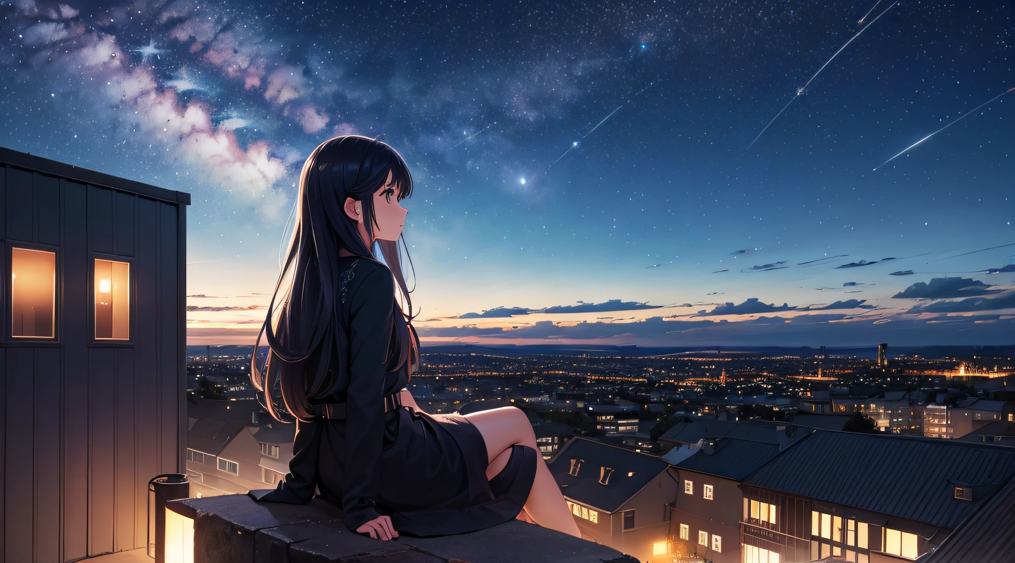octans, sky, star (sky), scenery, starry sky, night, 1girl, night sky, solo, outdoors, building, cloud, milky way, sitting, tree, long hair, city, silhouette, cityscape