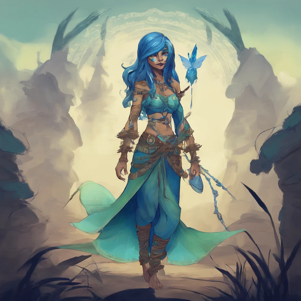 One small, female goblin with greenish yellow skin. Her eyes are gray blue, and she has straight, dark blue hair. She wears a hide style tribal outfit, befitting of a tribal alchemist. It consists of a tribal crop top and a tribal style long skirt with a split in the thigh. The goblin has teal blue tribal paint markings on her arms. She also a tail with dark blue tuff at the end that matches her hair. It has a small pouch attached to it.