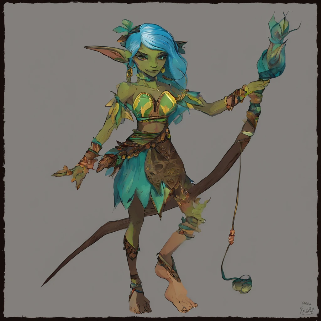 One small, female goblin with greenish yellow skin. Her eyes are gray blue, and she has straight, dark blue hair. She wears a hide style tribal outfit, befitting of a tribal alchemist. It consists of a tribal crop top and a tribal style long skirt with a split in the thigh. The goblin has teal blue tribal paint markings on her arms. She also a tail with dark blue tuff at the end that matches her hair. It has a small pouch attached to it.