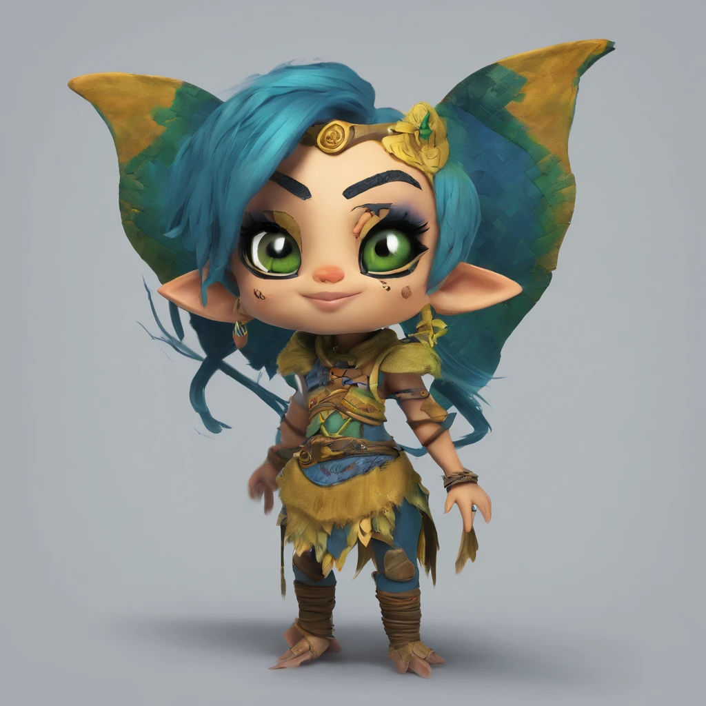 One small, female goblin with greenish yellow skin. Her eyes are gray blue, and she has straight, dark blue hair. She wears a hide style tribal outfit, befitting of a tribal alchemist. It consists of a tribal crop top and a tribal style long skirt with a split in the thigh. The goblin has teal blue tribal paint markings on her arms. She also a tail with dark blue tuff at the end that matches her hair. It has a small pouch attached to it.