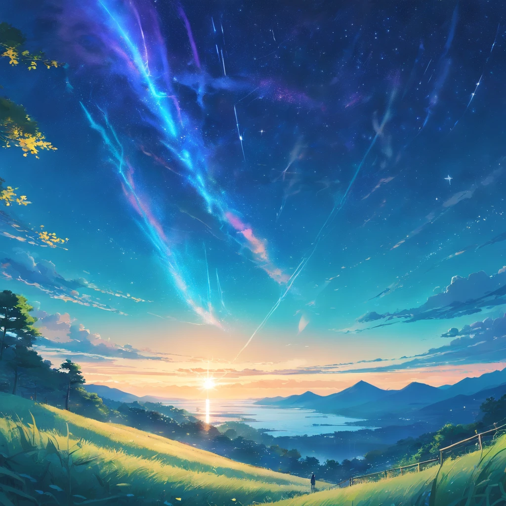 Vast land，Weird literature，Brilliant colors，The starry sky is dotted，Several harmonious clouds，Overlooking，sheer cliffs，Forest grass，exuberant，Strong perspective，Strong depth，Strong sense of depth and nearness，Weird graphics，Strong impact，Strong sense of color and light and dark impact，Strong light sensation，Photographic vistas