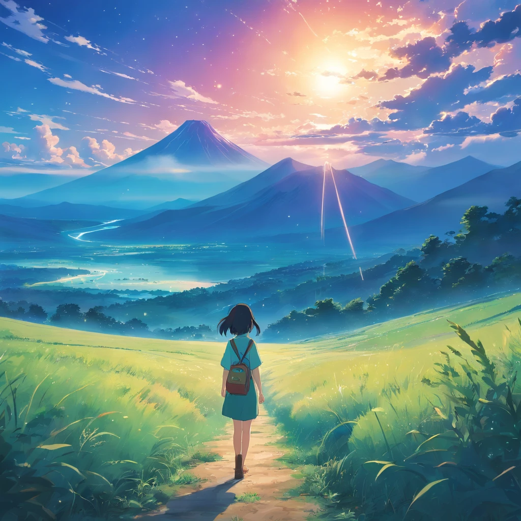 Vast land,Weird literature,Brilliant colors,The starry sky is dotted,Several harmonious clouds,Overlooking,sheer cliffs,Forest grass,exuberant,Strong perspective,Strong depth,Strong sense of depth and nearness,Weird graphics,Strong impact,Strong sense of color and light and dark impact,Strong light sensation,Photographic vistas