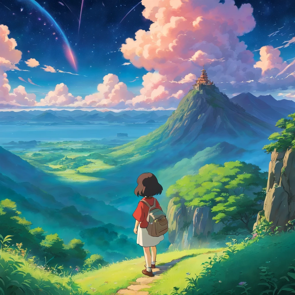 Vast land,Weird literature,Brilliant colors,The starry sky is dotted,Several harmonious clouds,Overlooking,sheer cliffs,Forest grass,exuberant,Strong perspective,Strong depth,Strong sense of depth and nearness,Weird graphics,Strong impact,Strong sense of color and light and dark impact,Strong light sensation,Photographic vistas