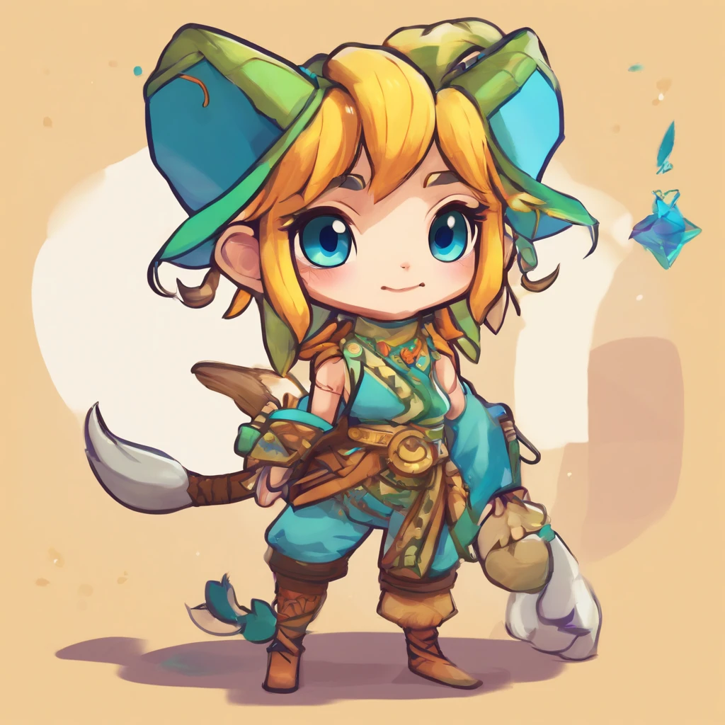 One small, female goblin with greenish yellow skin. Her eyes are gray blue, and she has straight, dark blue hair. She wears a hide style tribal outfit, befitting of a tribal alchemist. It consists of a tribal crop top and a tribal style long skirt with a split in the thigh. The goblin has teal blue tribal paint markings on her arms. She also a tail with dark blue tuff at the end that matches her hair. It has a small pouch attached to it.