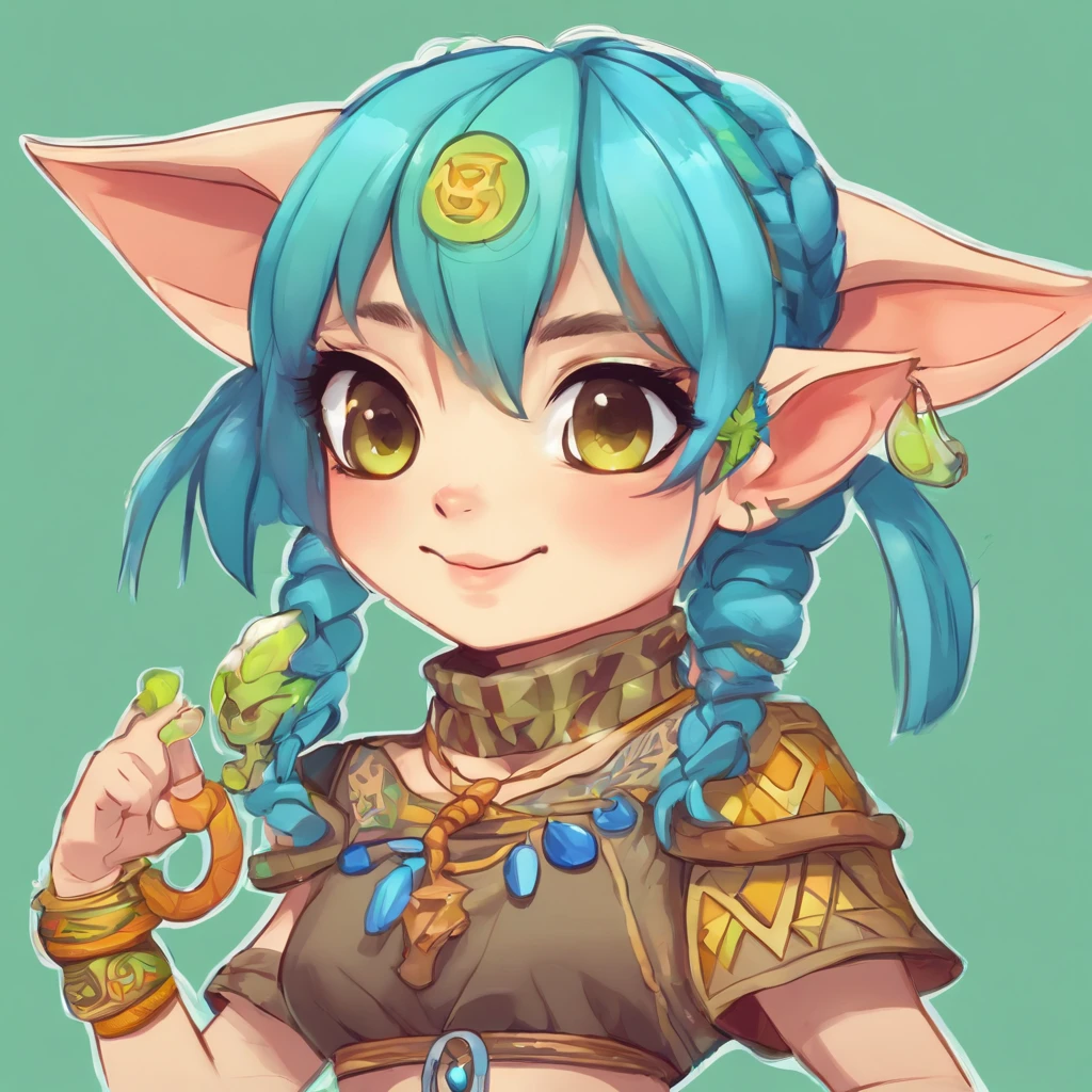 One small, female goblin with greenish yellow skin. Her eyes are gray blue, and she has straight, dark blue hair. She wears a hide style tribal outfit, befitting of a tribal alchemist. It consists of a tribal crop top and a tribal style long skirt with a split in the thigh. The goblin has teal blue tribal paint markings on her arms. She also a tail with dark blue tuff at the end that matches her hair. It has a small pouch attached to it.