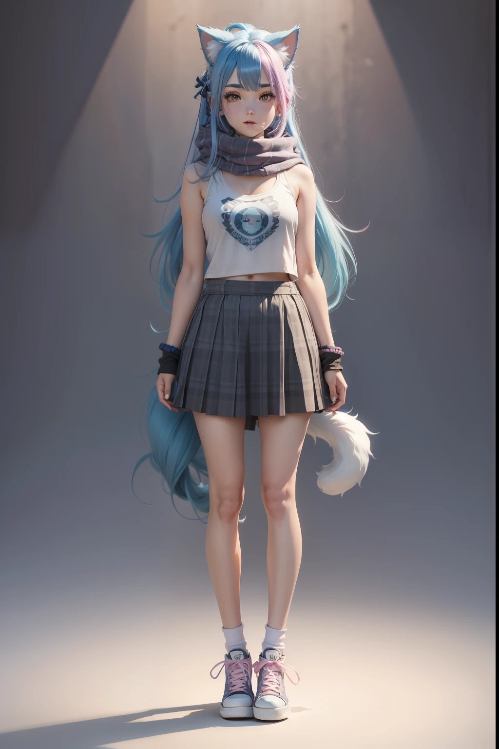 anime girl with blue hair standing, full body adoptable, long haired humanoid fursona, character adoptable, single character full body, full body sprite, semi-realistic style character, with converse, grey tanktop, plaid skirt, pastel pink scarf, two fluffy tails, cat ears, angel wings