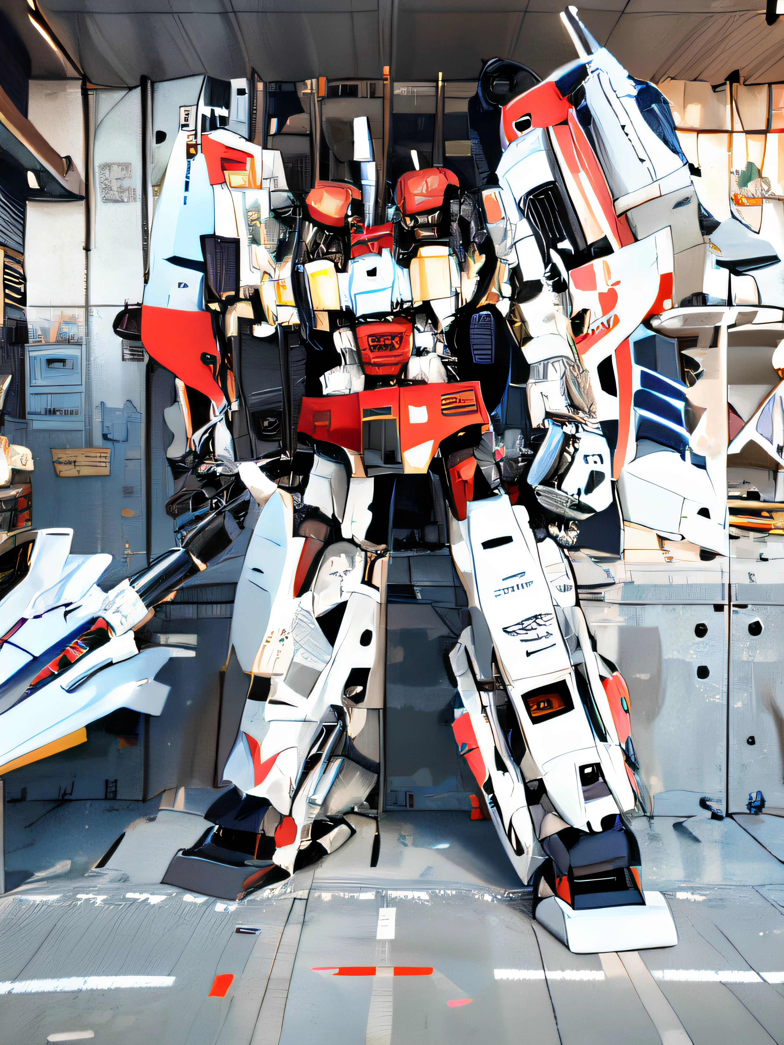 A giant red and white robot，It has a gray F16 fighter jet embedded in one leg，The other leg is inlaid with a red F15 fighter，It has a red F4 fighter jet embedded in one arm，The other arm is embedded with a Harrier fighter，Two jet engines were carried on his back，Ray tracing，Realisticstyle，Photo level