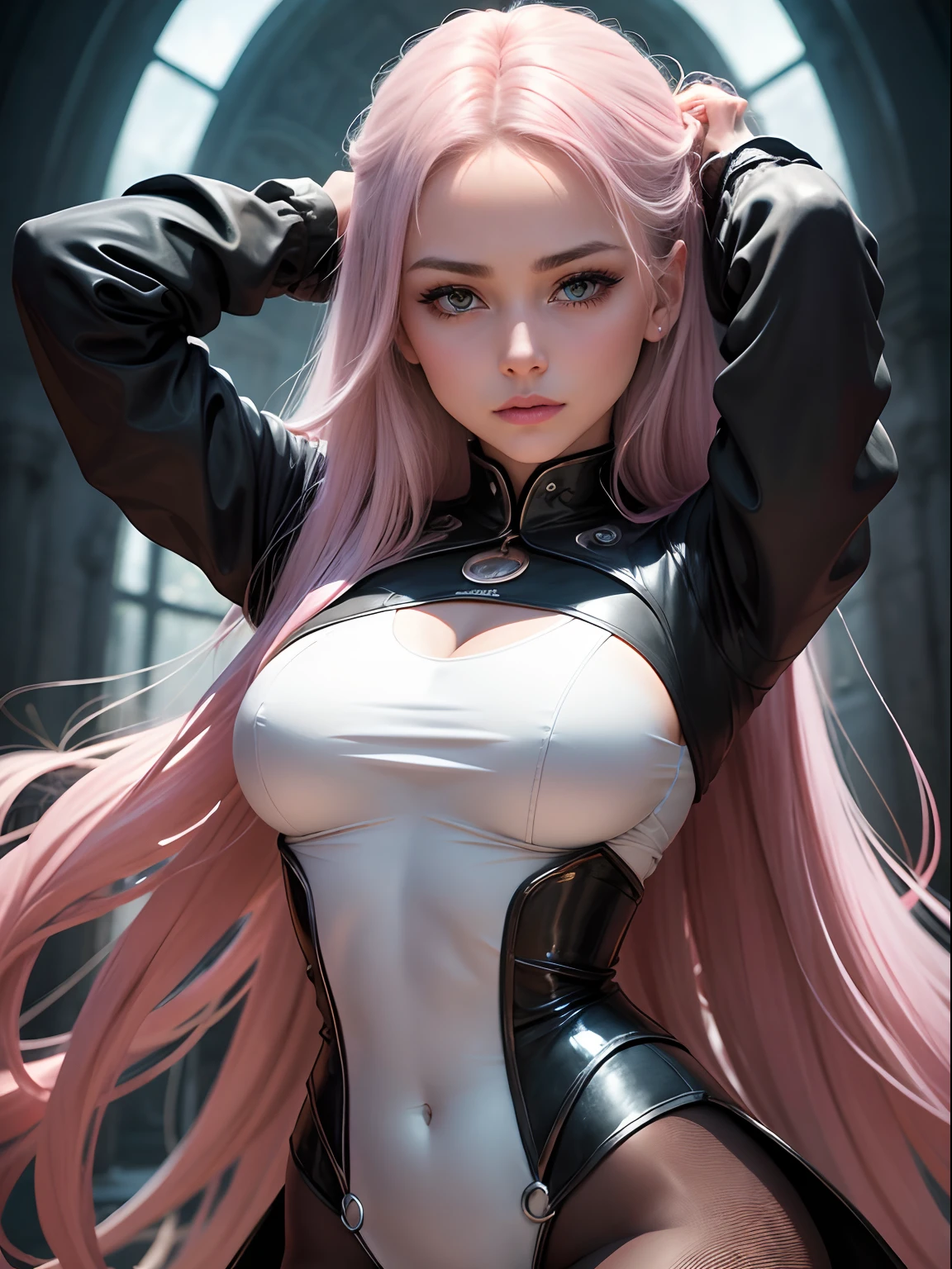 Unbeatable masterpiece, Ultra foto realsisim, Perfect artwork, detalhes intrincados, best quality, luz forte,alto contraste, 1 cinta , arms up , franja , terno apertado , seios .umbigo coberto , jaqueta cropped , Luvas .fone de ouvido , impossible bodysuit , suit jacket ,seios grandes , cabelos longos , Long sleeves to watch the audience , Mentindo , Middle dorsal of thorax , Split lip , malha rosa , Little finger key , cabelo rosa , mangas inchadas , jaqueta vermelha ,ombros encolhidos \(garments) , Pele apertada , sozinho , Caudas duplas, Alice \(nickel) , (master part:1.4) , (melhor qualidade:1.4) , (pele brilhante) , Realistic, --auto