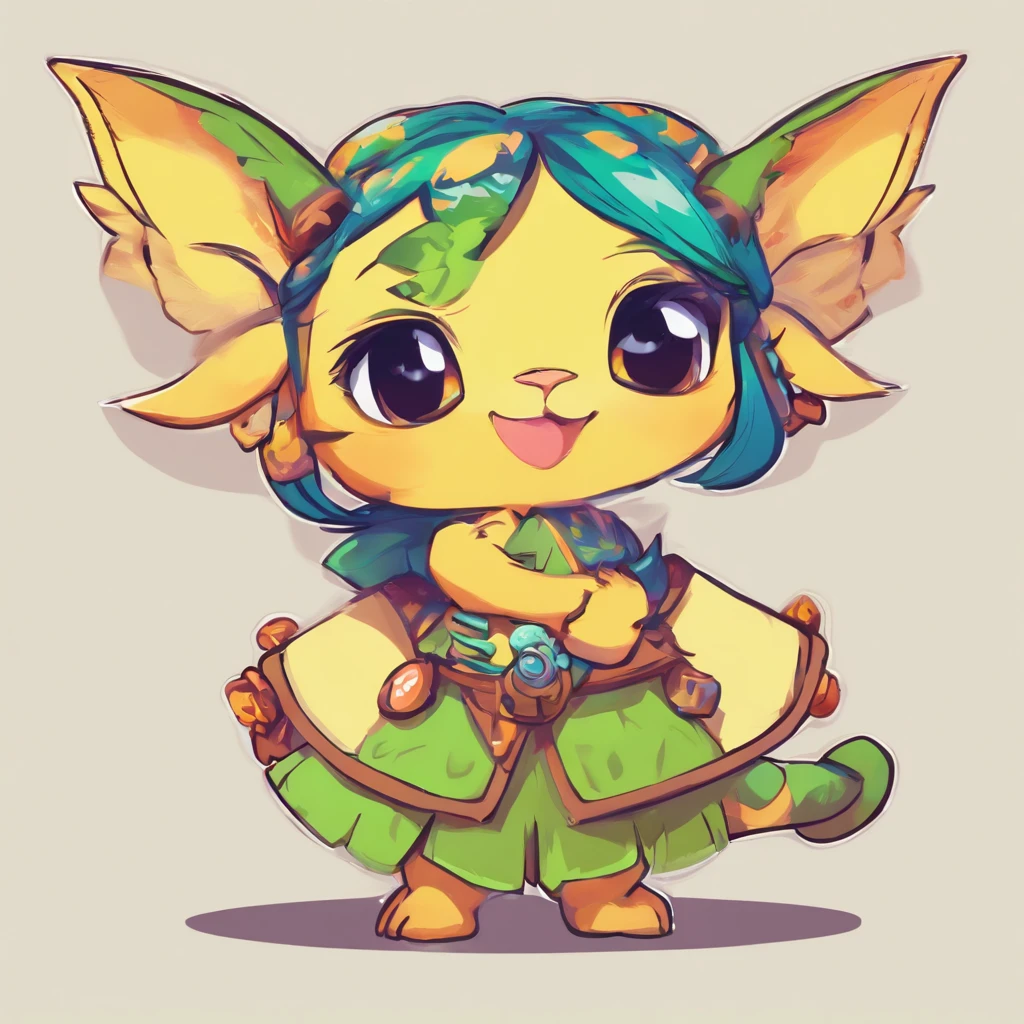 One small, female goblin with greenish yellow skin. Her eyes are gray blue, and she has straight, dark blue hair. She wears a hide style tribal outfit, befitting of a tribal alchemist. It consists of a tribal crop top and a tribal style long skirt with a split in the thigh. The goblin has teal blue tribal paint markings on her arms. She also a tail with dark blue tuff at the end that matches her hair. It has a small pouch attached to it.