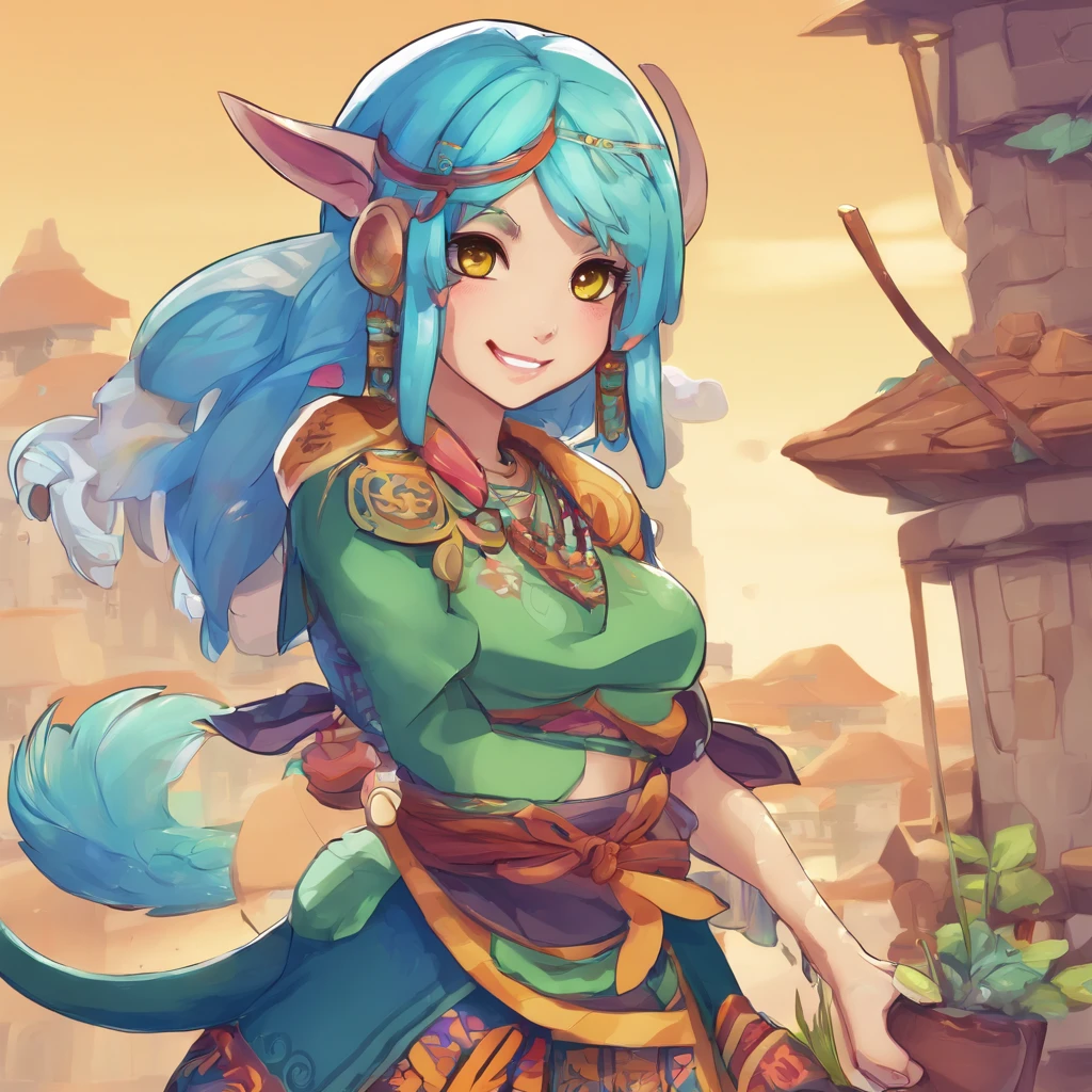 One small, female goblin with greenish yellow skin. Her eyes are gray blue, and she has straight, dark blue hair. She wears a hide style tribal outfit, befitting of a tribal alchemist. It consists of a tribal crop top and a tribal style long skirt with a split in the thigh. The goblin has teal blue tribal paint markings on her arms. She also a tail with dark blue tuff at the end that matches her hair. It has a small pouch attached to it.