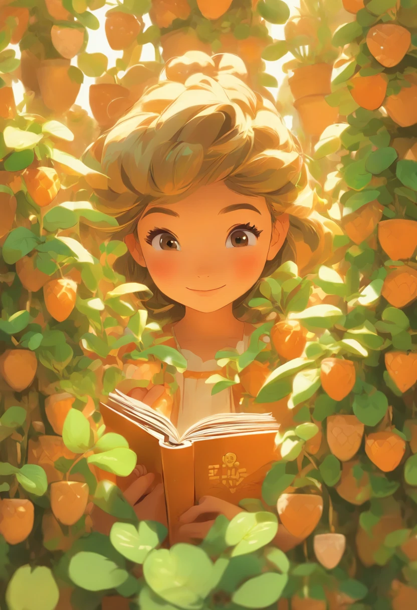 one book， girl holding a photo of a potted plant, in the style of detailed character illustrations, lilia alvarado, Playful cartoon illustration, honeycore, Close-up, Digital illustration