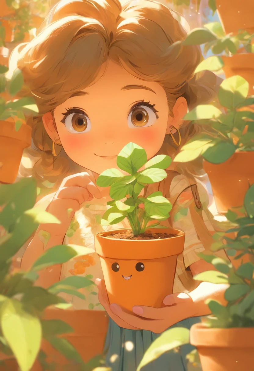 one book, girl holding a photo of a potted plant, in the style of detailed character illustrations, lilia alvarado, Playful cartoon illustration, honeycore, Close-up, Digital illustration