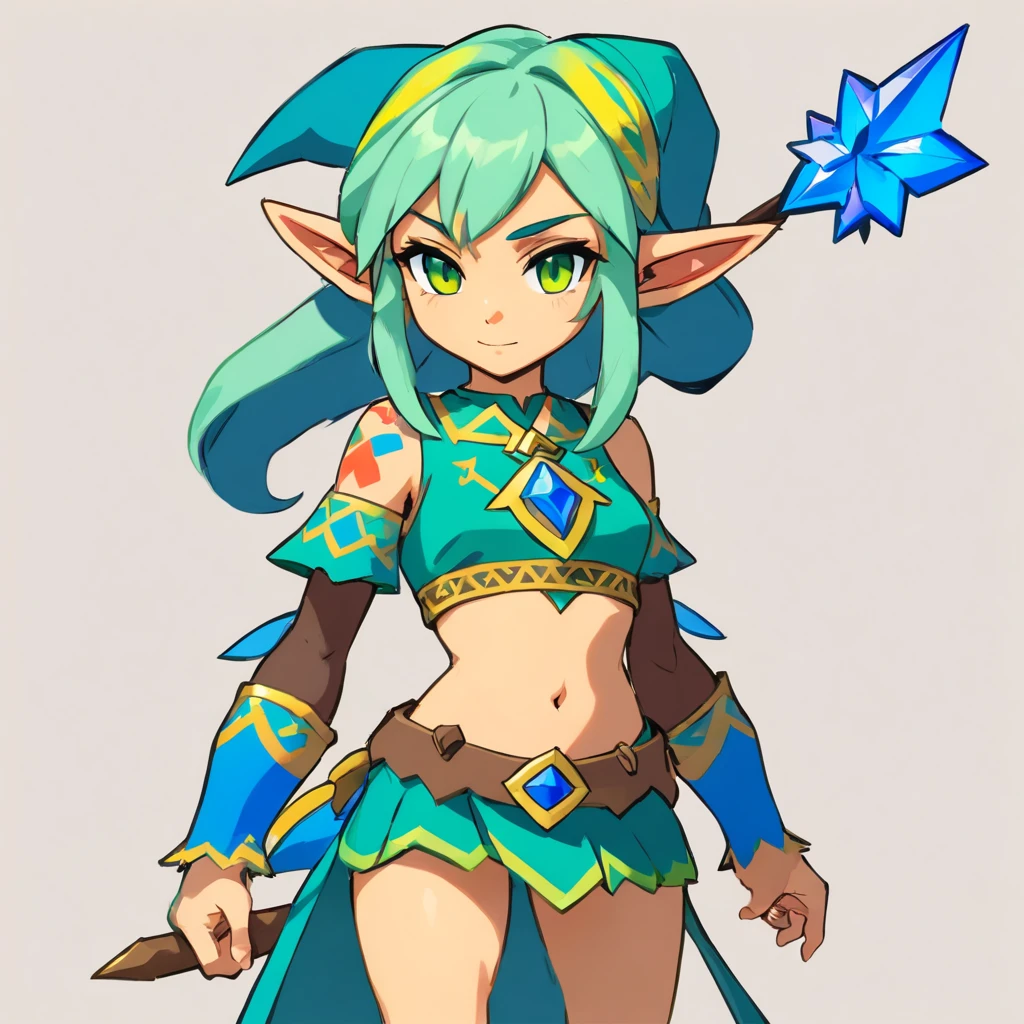 One small, female goblin with greenish yellow skin. Her eyes are gray blue, and she has straight, dark blue hair. She wears a hide style tribal outfit, befitting of a tribal alchemist. It consists of a tribal crop top and a tribal style long skirt with a split in the thigh. The goblin has teal blue tribal paint markings on her arms. She also a tail with dark blue tuff at the end that matches her hair. It has a small pouch attached to it.
