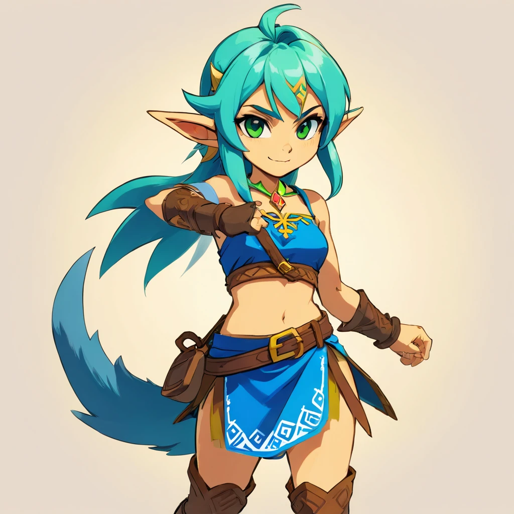 One small, female goblin with greenish yellow skin. Her eyes are gray blue, and she has straight, dark blue hair. She wears a hide style tribal outfit, befitting of a tribal alchemist. It consists of a tribal crop top and a tribal style long skirt with a split in the thigh. The goblin has teal blue tribal paint markings on her arms. She also a tail with dark blue tuff at the end that matches her hair. It has a small pouch attached to it.