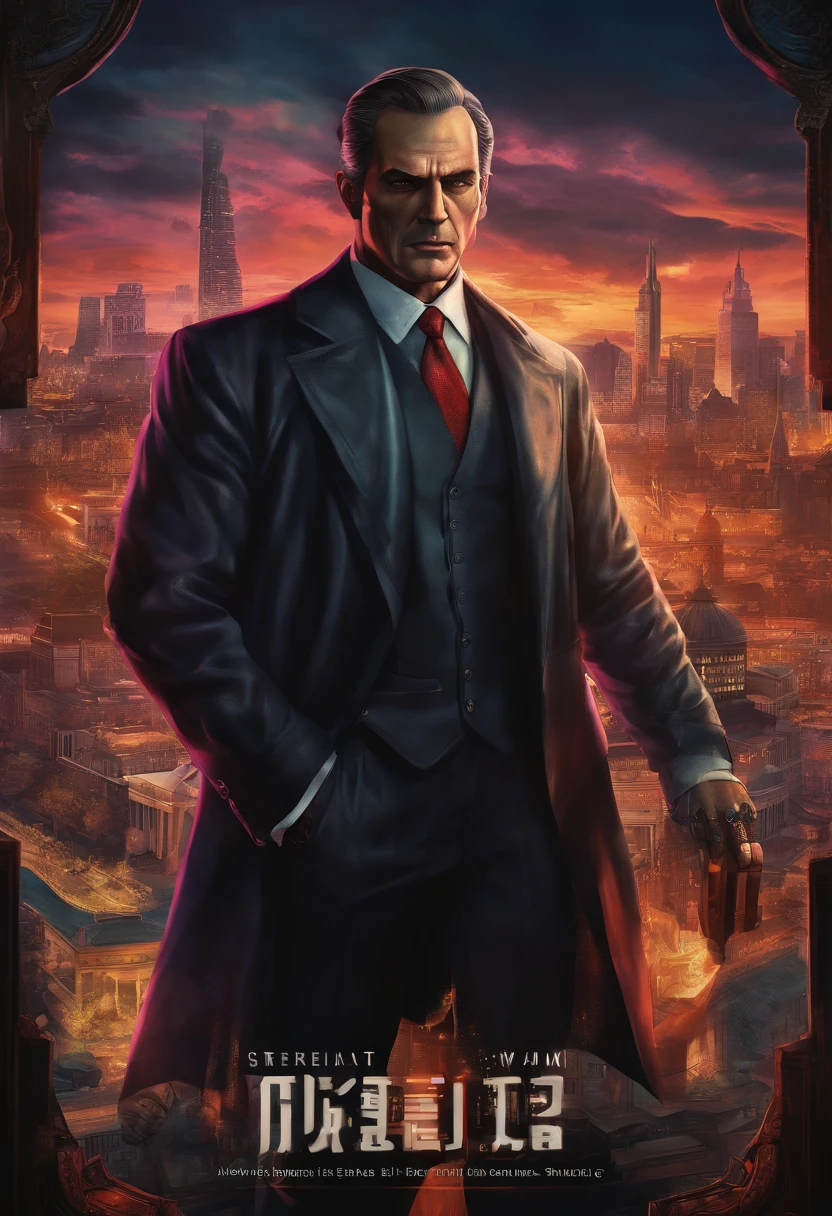 Kefka Palazzo, don, mafia game advertisement, oil painting, dark and intense atmosphere, vibrant colors, dramatic lighting, detailed cityscape, imposing architecture, suited men, menacing shadows, intense facial expressions, 1920s fashion, smoke-filled room, flickering neon signs, ornate decorations, raining streets, city skyline, luxury cars, secret meetings, hidden agendas, intense gameplay, immersive storytelling, suspenseful plot twists, psychological warfare, power struggles, loyalty and betrayal, underworld empire, atmospheric soundtrack. (best quality, 4k, highres, masterpiece:1.2), ultra-detailed, (photo-realistic:1.37), portraits, dark, crime, thriller, mafia, noir, vintage, atmospheric, storytelling, intense gameplay, vibrant colors, dramatic lighting, imposing architecture, intense facial expressions, hidden agendas, power struggles.