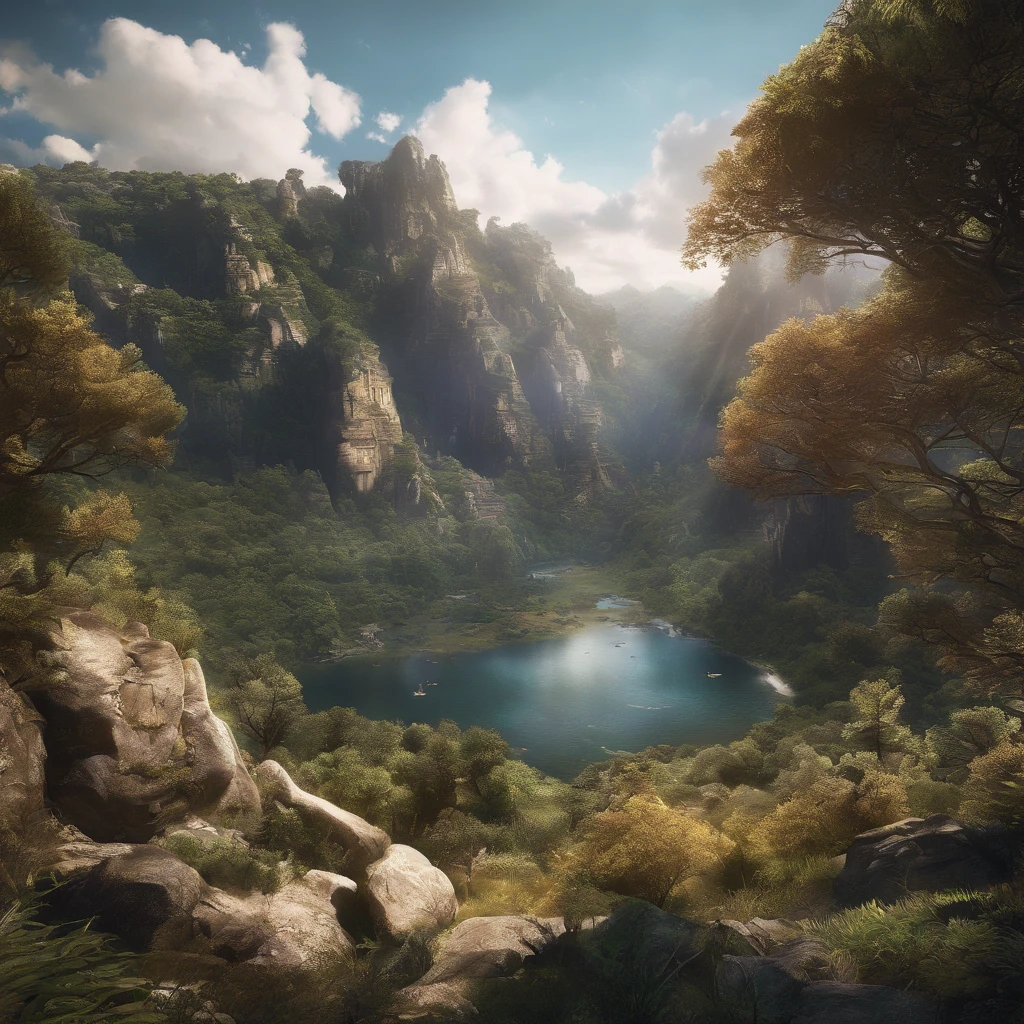 Vast land，Weird literature，Brilliant colors，The starry sky is dotted，Several harmonious clouds，Overlooking，sheer cliffs，Forest grass，exuberant，Strong perspective，Strong depth，Strong sense of depth and nearness，Weird graphics，Strong impact，Strong sense of color and light and dark impact，Strong light sensation，Photographic vistas