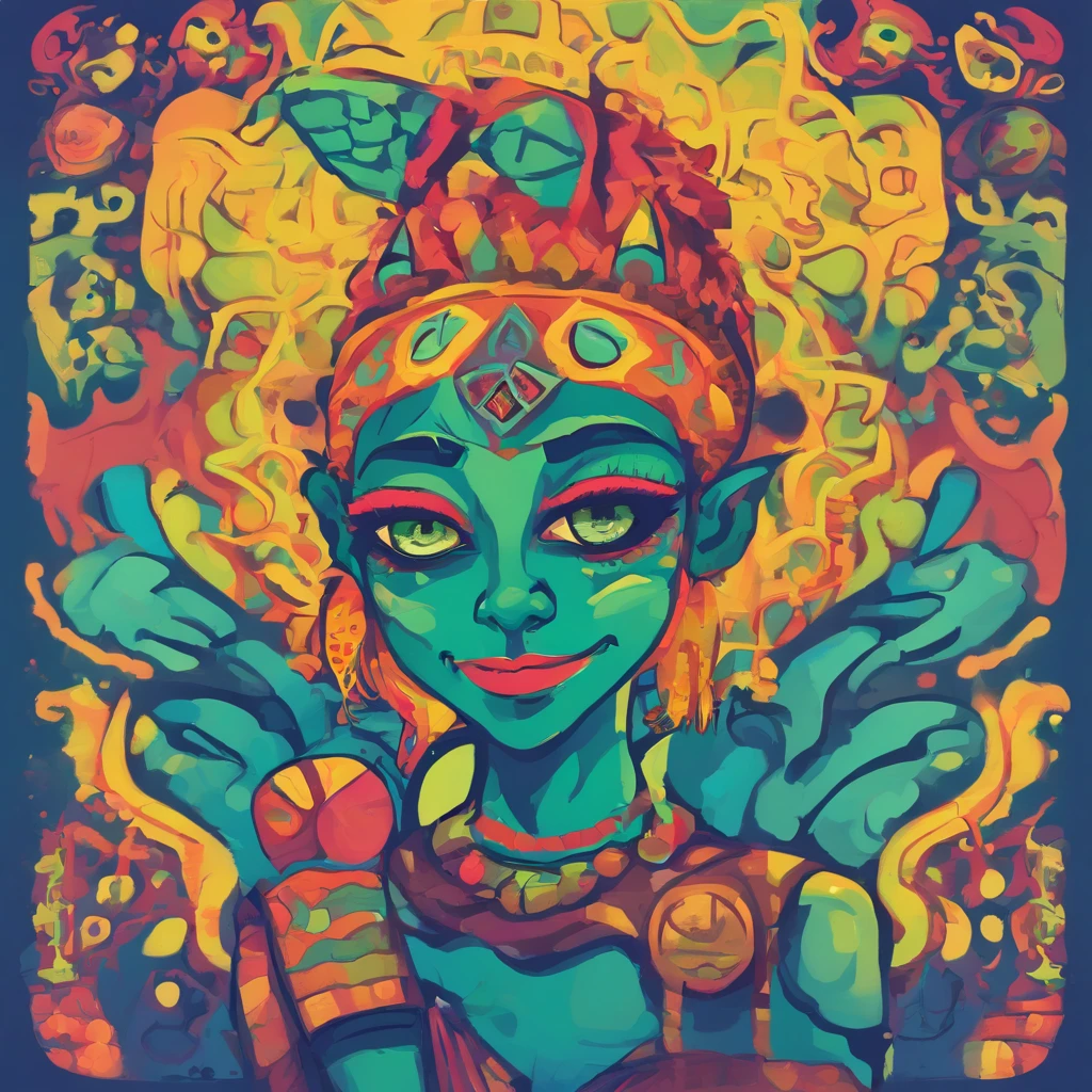 One small, female goblin with greenish yellow skin. Her eyes are gray blue, and she has straight, dark blue hair. She wears a hide style tribal outfit, befitting of a tribal alchemist. It consists of a tribal crop top and a tribal style long skirt with a split in the thigh. The goblin has teal blue tribal paint markings on her arms. She also a tail with dark blue tuff at the end that matches her hair. It has a small pouch attached to it.