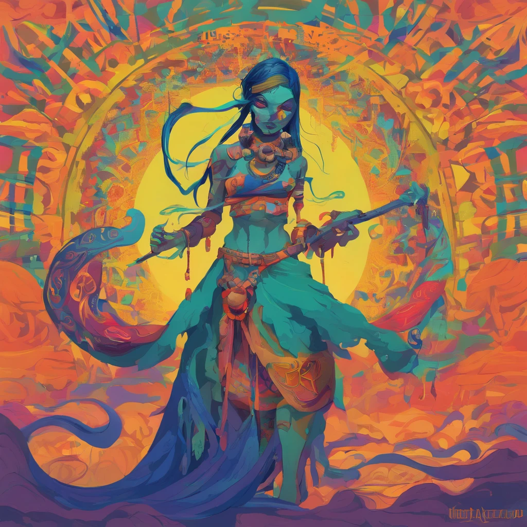 (1girl)((blue skin)), (full_body), ((mandala-like aura around the head)), ((red eyes)), (tall), ((fantasy landscape background)), ((green braided hair)), (seen from behind), ((gold jewelry)), (wide hips), (long, thick and strong legs), (shapely buttocks), ((intricate details)), (original character), (medium breastasterpiece)), (HDR), (super-resolution), (cinematic lighting), (beautiful lighting), (chromatic),